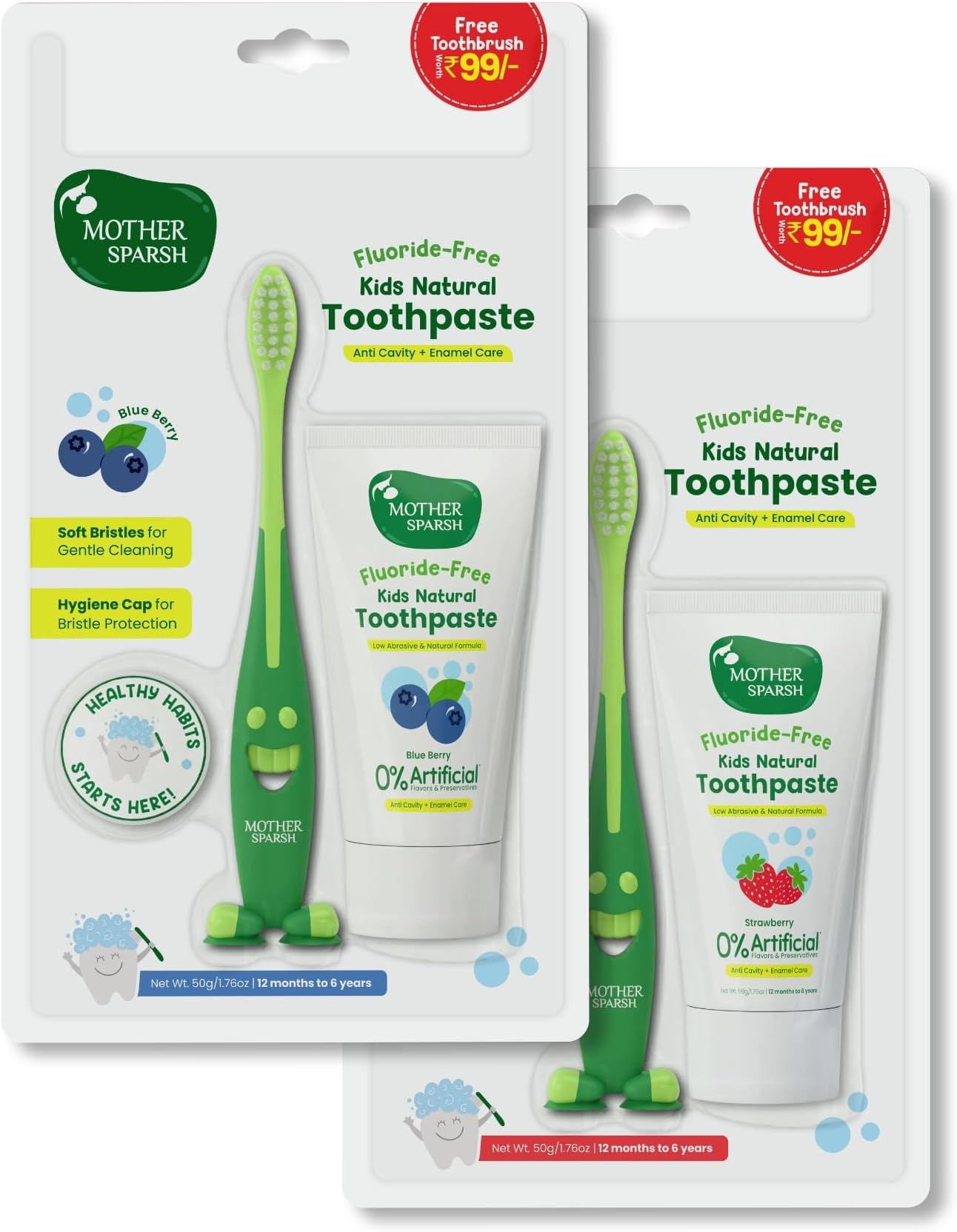 Mother Sparsh Natural Toothpaste for Kids Strawberry+Blueberry (Pack of 2, 50g each), With Free Toothbrush | Strengthens Gums, Whitens Teeth | Baby Toothpaste Free from Preservatives & Fluoride