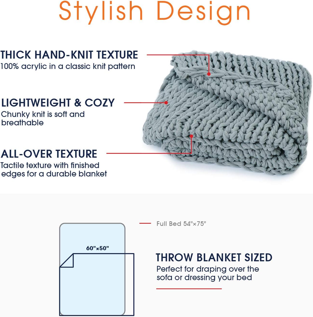 Cheer Collection Chunky Cable Knit Throw Blanket for Couch, Sofa, Bedroom and Living Room - Extra Soft and Cozy Decorative Throws - 50" x 60", Gray