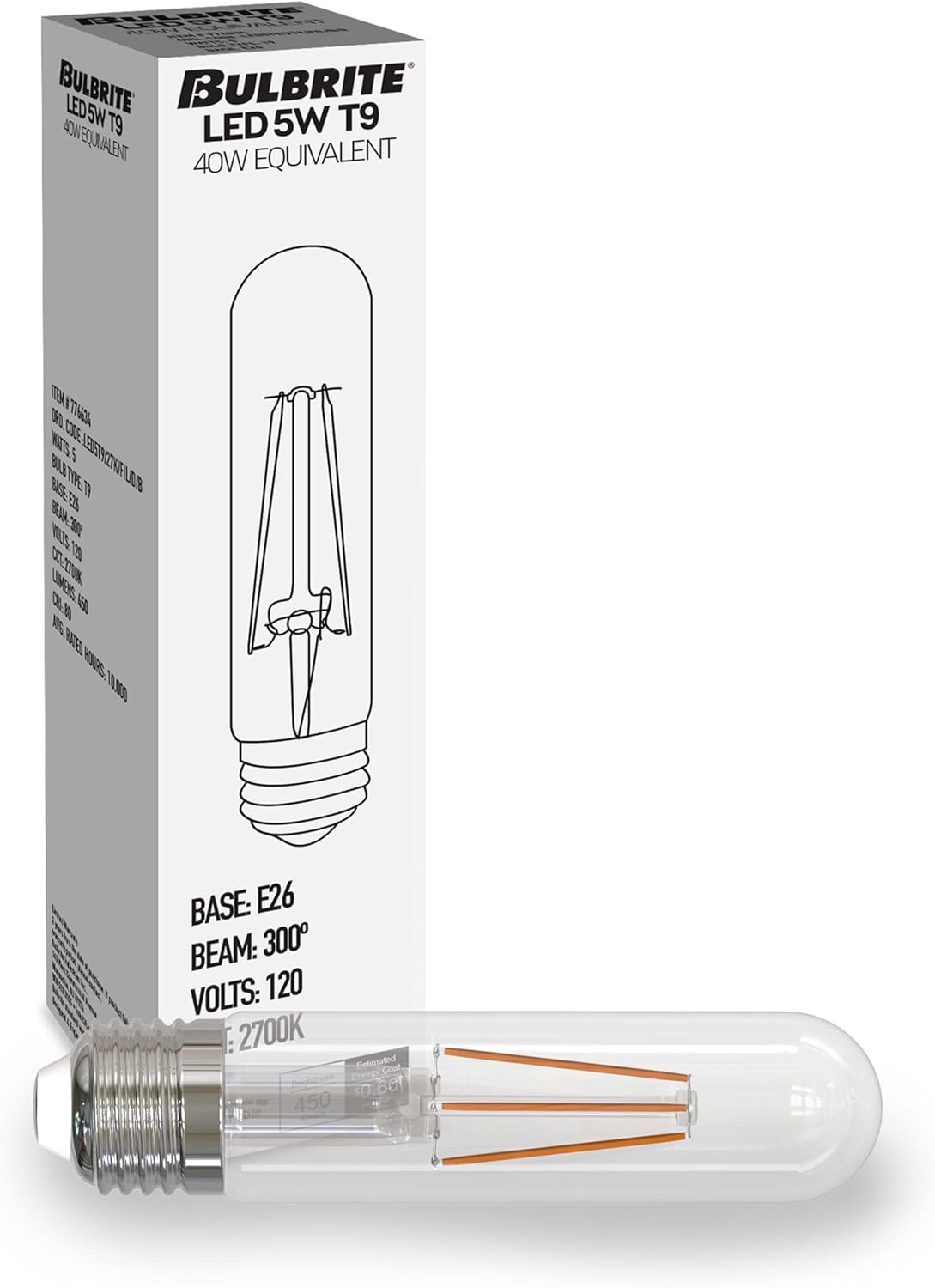 Bulbrite 776206 LED Filament T9 Light Bulb, 5.1W 2700k Warm White, Dimmable, E26 Base, Vintage Charm for Decorative Fixtures