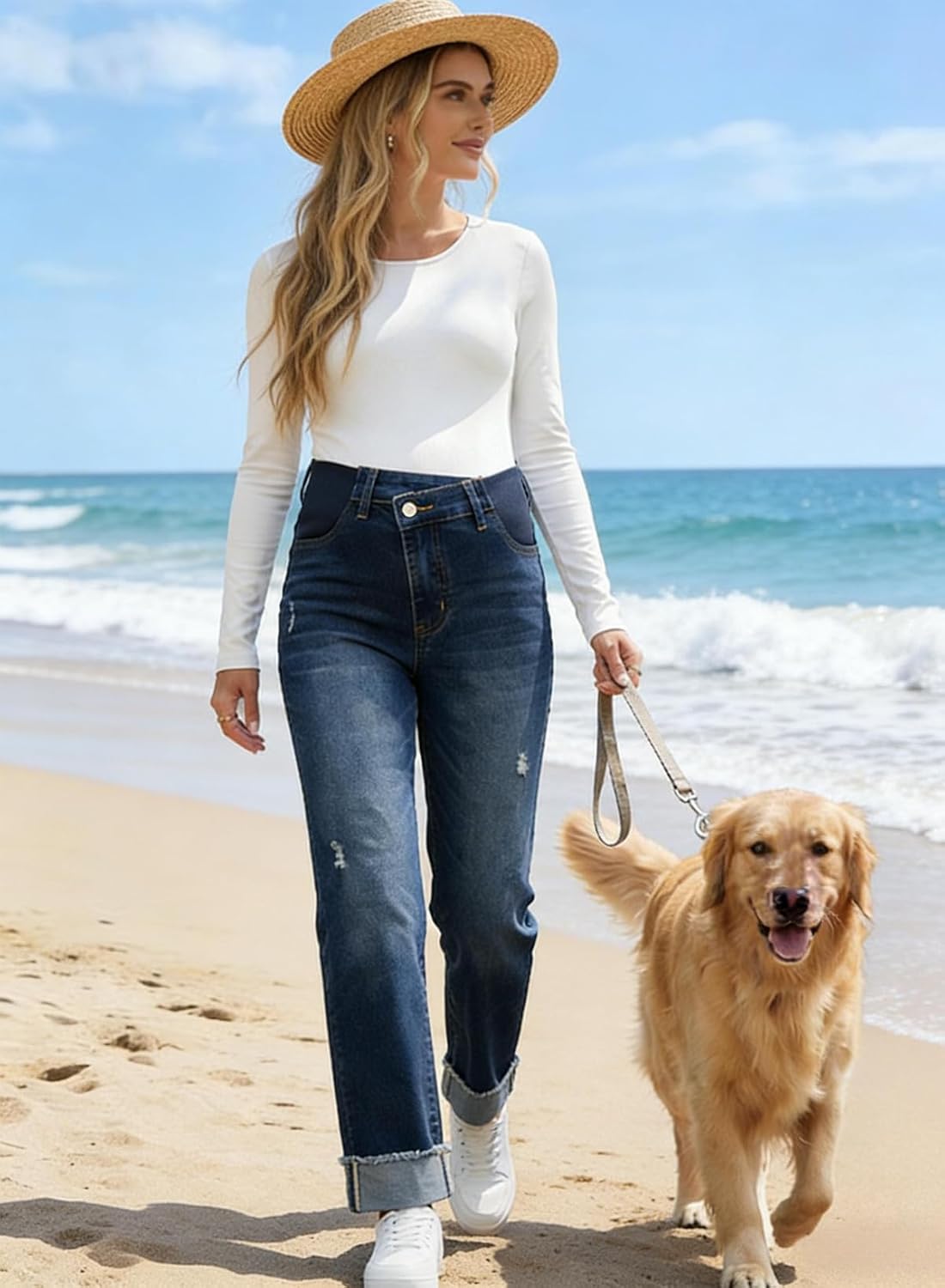 BLENCOT Women's Maternity Jeans Crisscross Waist Pregnancy Denim Pants image 2