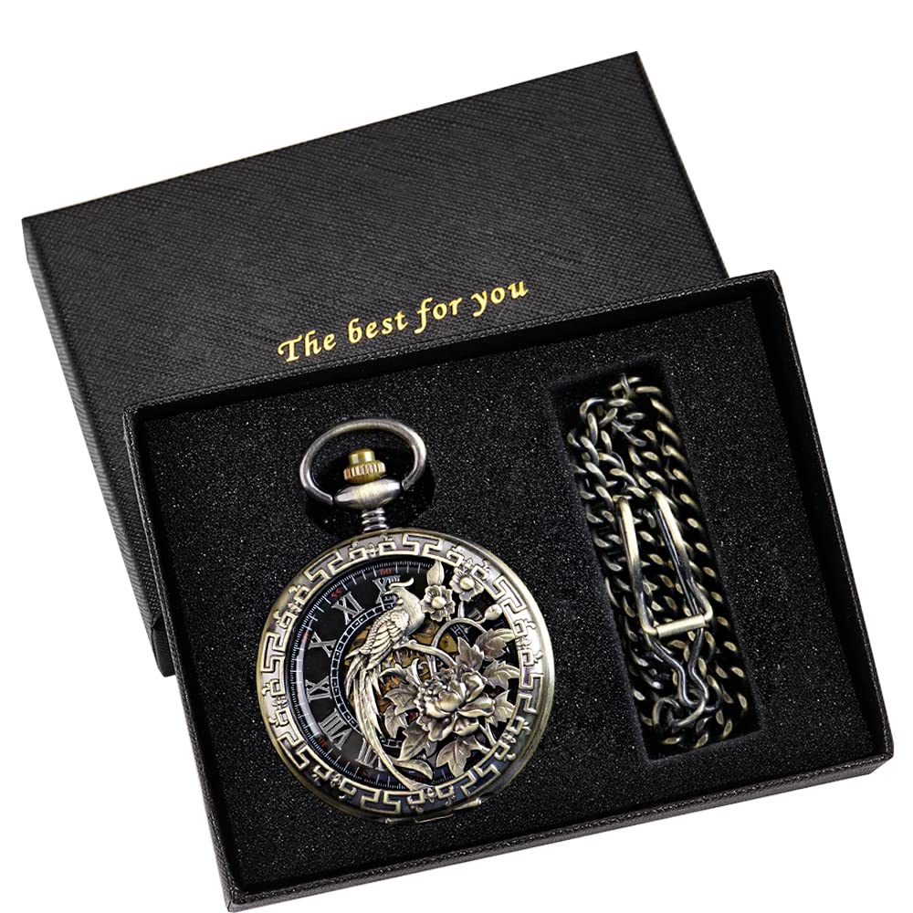 Whodoit Bird Design Antique Steampunk Skeleton Dial Pocket Watch, Bronze Bracelet Mechanical Roman Numerals Pocket Watches for Men