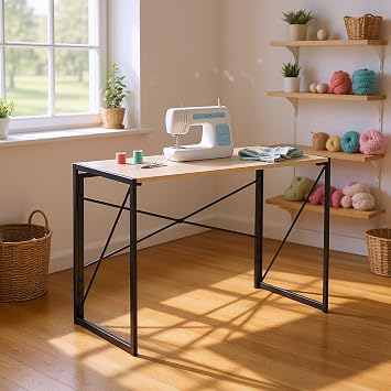 Homy Casa Folding Sewing & Craft Table Space-Saving Portable Workstation for Sewing, Art & Home Office, Modern Oak Finish, No Assembly, Folds Flat for Easy Storage
