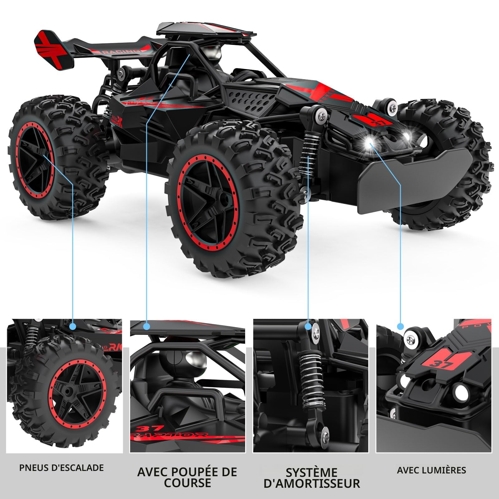 ACAMMZAR Voiture Télécommandée Tout Terrain, 1:18 20+KM/H Monster RC Truck avec Phare, Deux Batteries, Off-Road RC Voiture pour Enfants et Adultes, Rouge