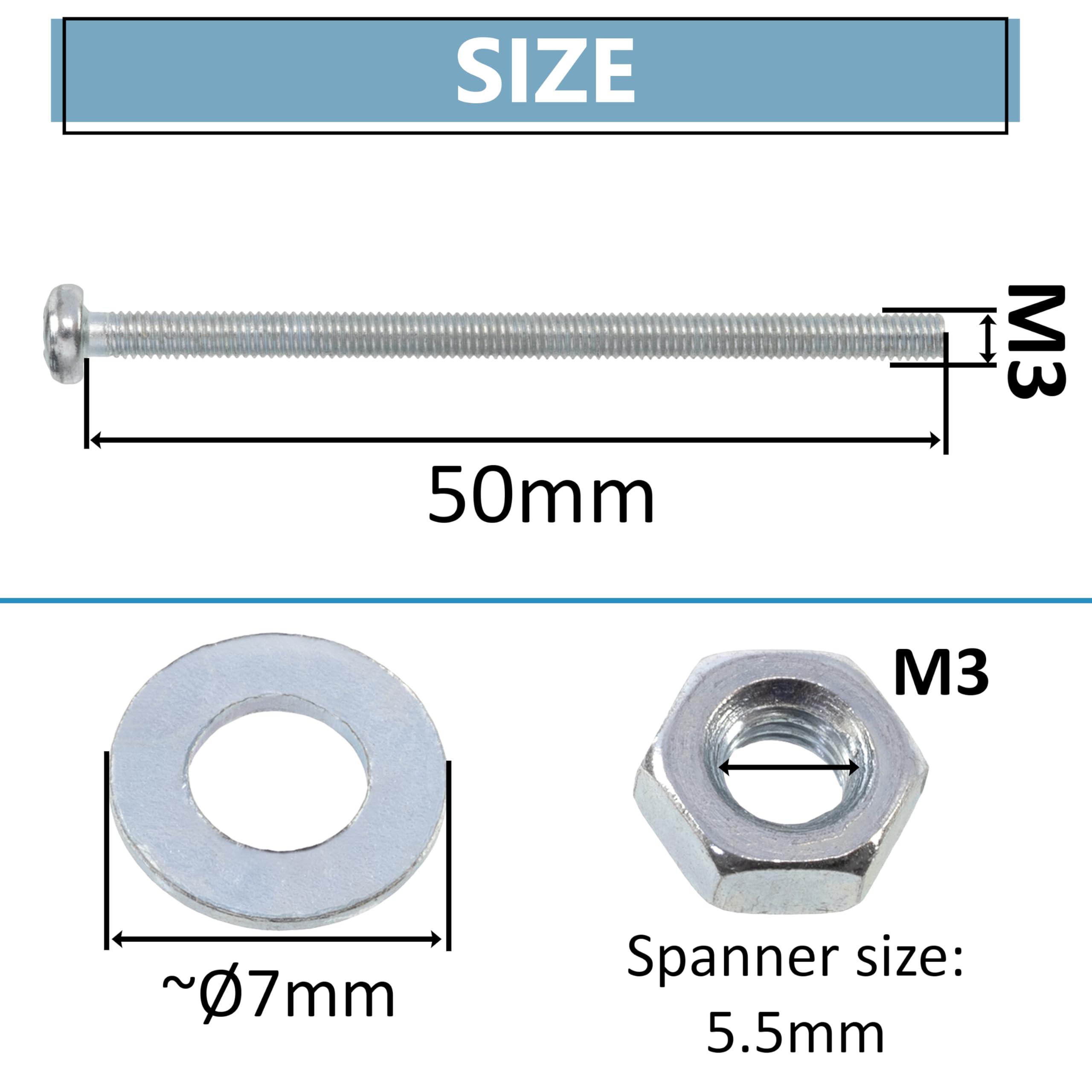 AERZETIX Kit fissaggio M3x50 mm / 50 viti metalliche / 50 dadi esagonali / 100 rondelle piatte / 1 utensile 1/4 PZ1