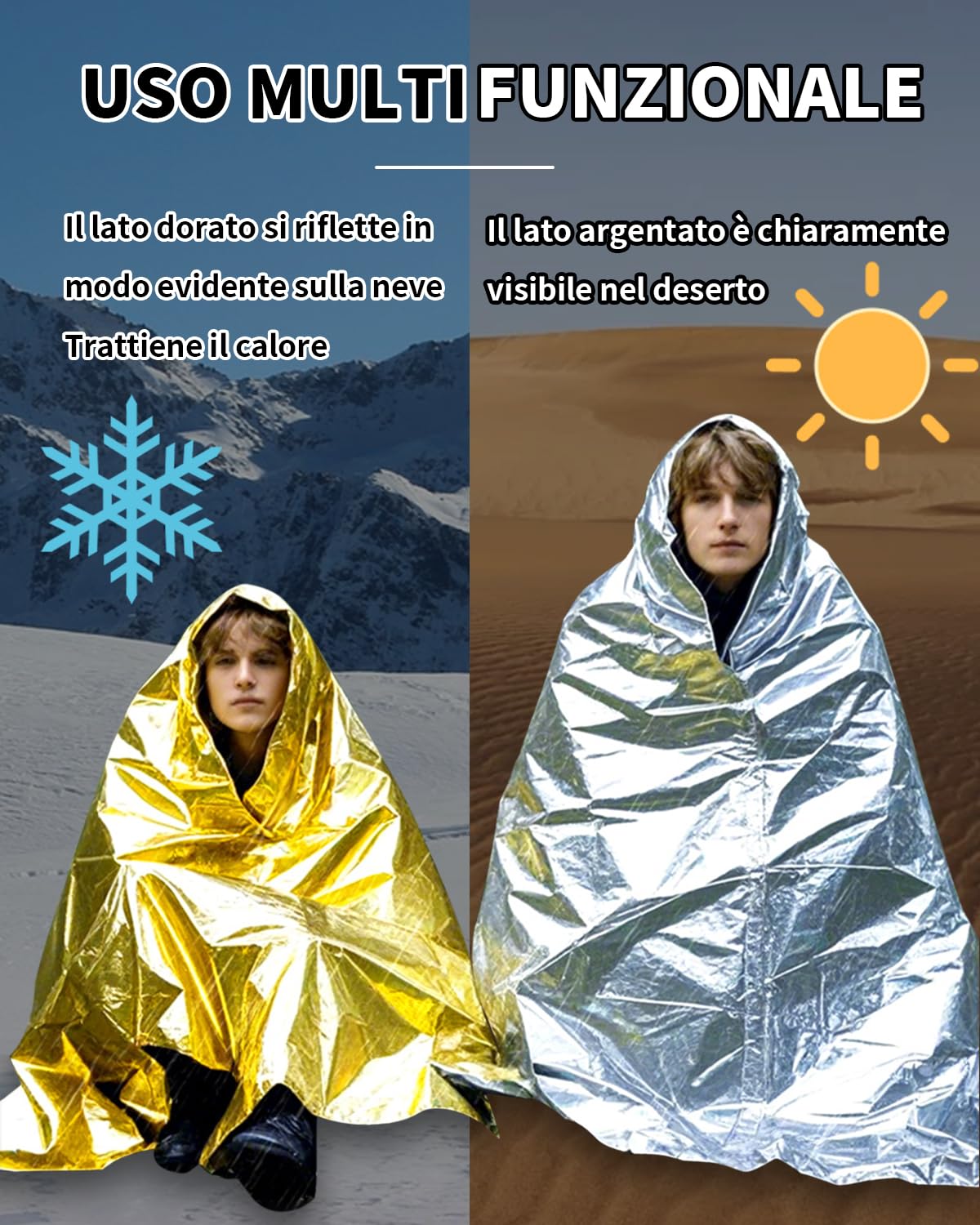 20 Pezzi Coperta Termica Emergenza,Materiale PET Resistente allo Strappo Coperta Termica,Impermeabile Coperta,Riflettente,210 × 160 CM,Oro Argento,Confezionata Singolarmente