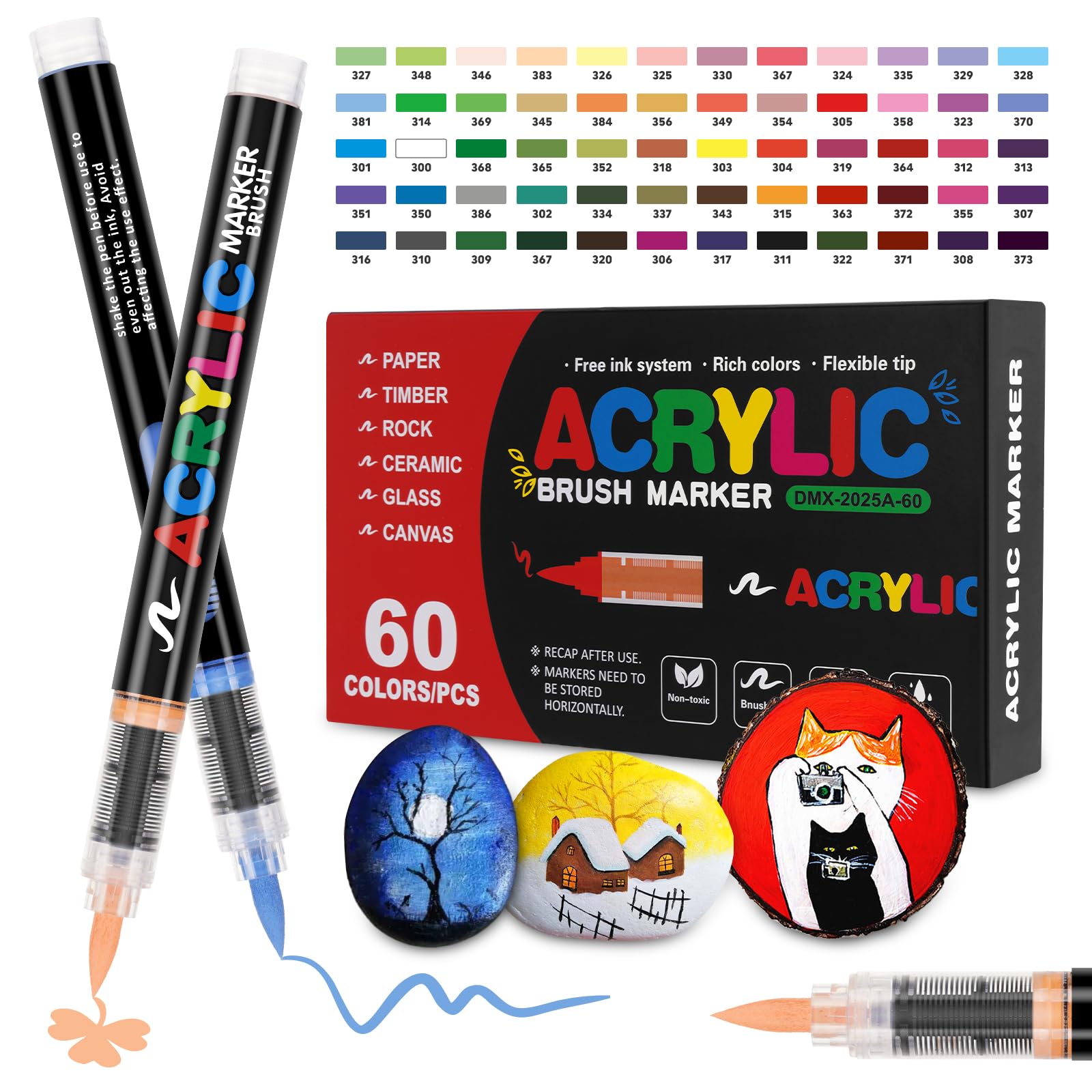 Acrylic Markers 60 Colours Brush Tip 1-6 mm – Set of Direct Liquid Paint, Quick Drying Acrylic Ink for Painting Easter Eggs, Stones, Wood and Glass