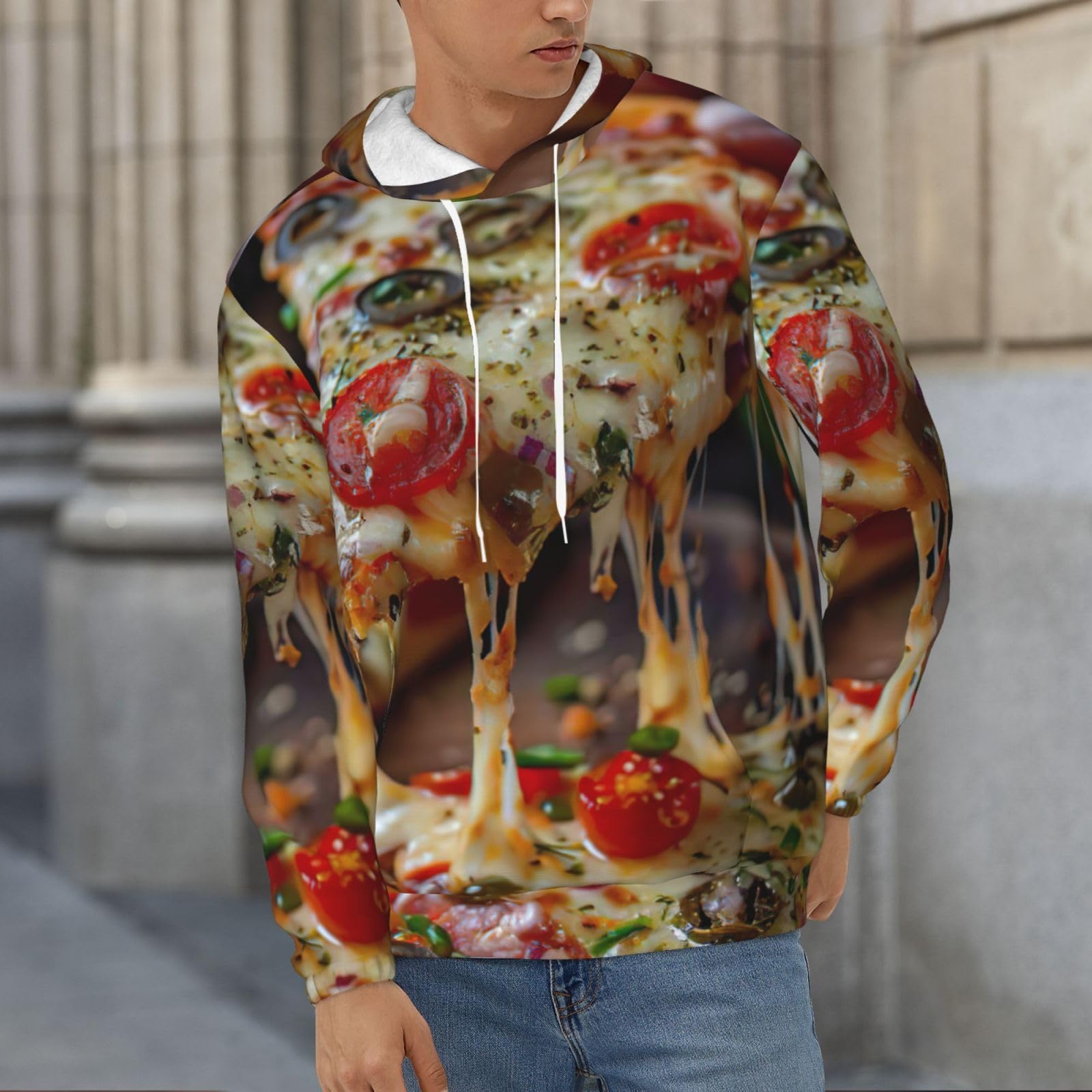 Męska bluza z kapturem z nadrukiem smacznej pizzy, casualowa grafika z nadrukiem bluzy z kapturem z kieszenią