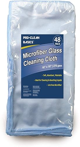 Pro-Clean Basics A73110 - Paño de limpieza de microfibra para vidrio, 9.52ozm, sin pelusas, azul, 16.0 x 16.0in, paquete de 48