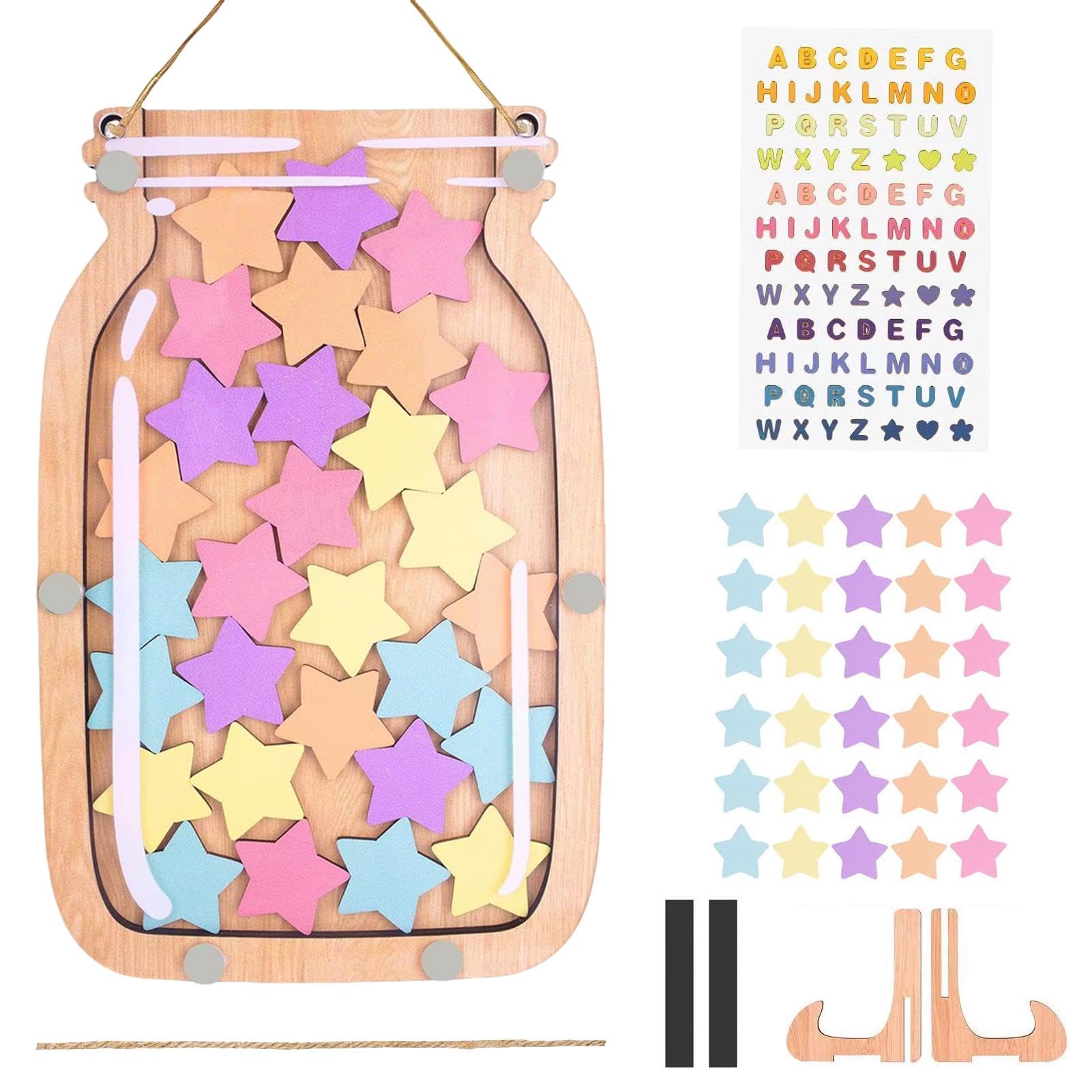 Reward Jar with 30 Stars, Magnetic Reward Jar for Good Behaviour Wooden Rewards Chart with Stickers, Motivate Good Behavior