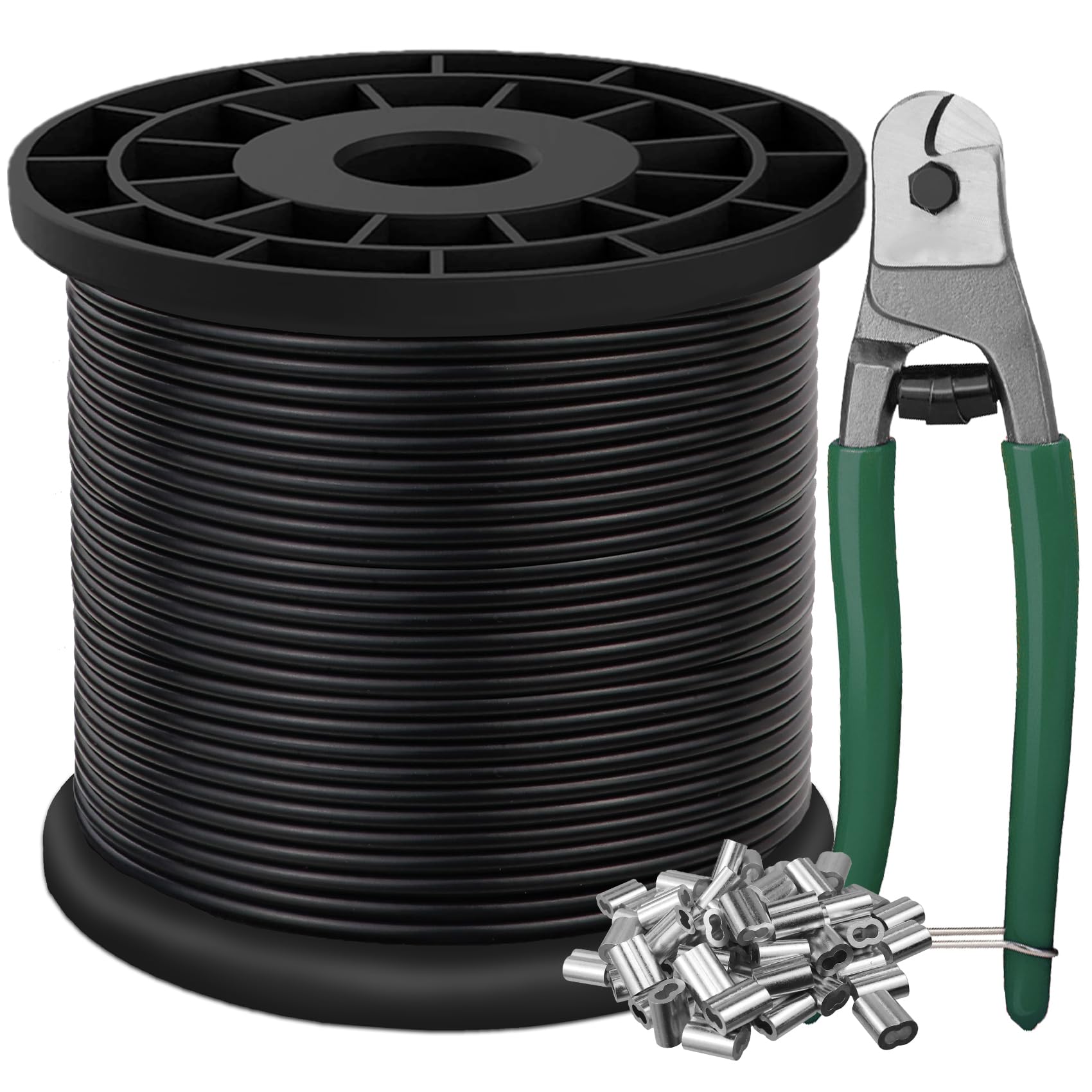 Wire Rope 304 Stainless Steel Wire Cable with Cable Cutter, Black Vinyl Coated, 1/16 Inch OD to 3/32 Inch 200FT with 60Pcs Crimping Sleeves, Outdoor Light Guide Wire, Suitable for Clotheslines