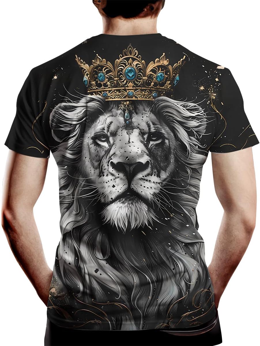 Men's Casual Lion with Crown Print T-Shirt Fashion Graphic Tee Shirts Short Sleeve - Image 2