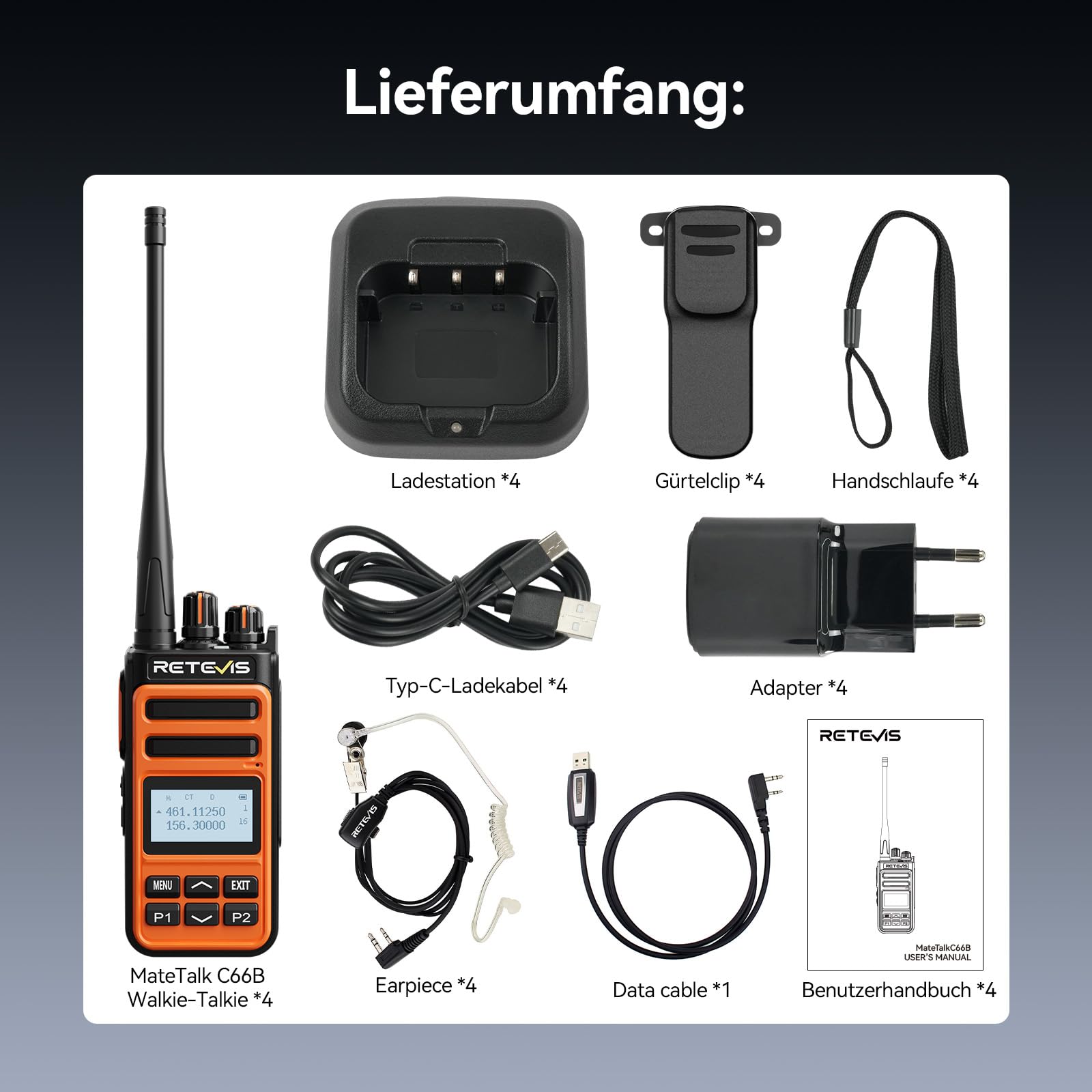 Retevis C66B Funkgeräte Set Lange Reichweite, Walkie Talkie mit Headset | Fast Charging Walkie Talkies, Noice Reduction, Emergency Alarm, Professional Funkgeräte für Restaurants, Hotels(Orange, 4Pcs)