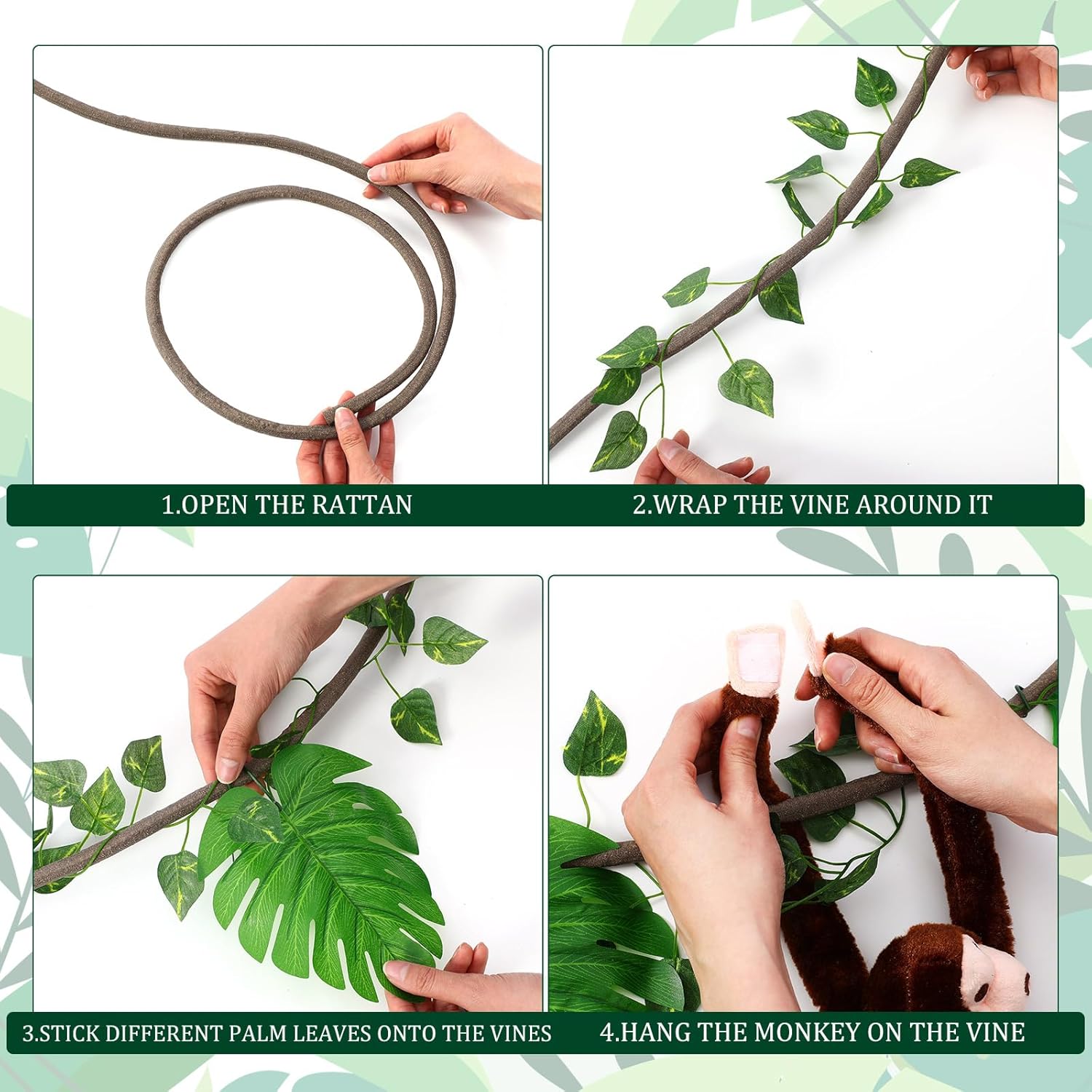 Chivao 69 Pcs Jungle Party Decoration Include 8 Hanging Plush Monkey Stuffed Animal, 10 ft Artificial Rattan, 50 Tropical Palm Leaves with 10 Fake Ivy Vine for Jungle Classroom Birthday Party Favor