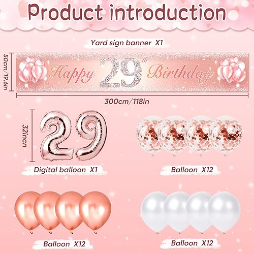 Miniatura 2 de Cartel de feliz cumpleaños número 29 con kit de globos de cumpleaños, decoración de fiesta de cumpleaños de 29 años, suministros para decoración de