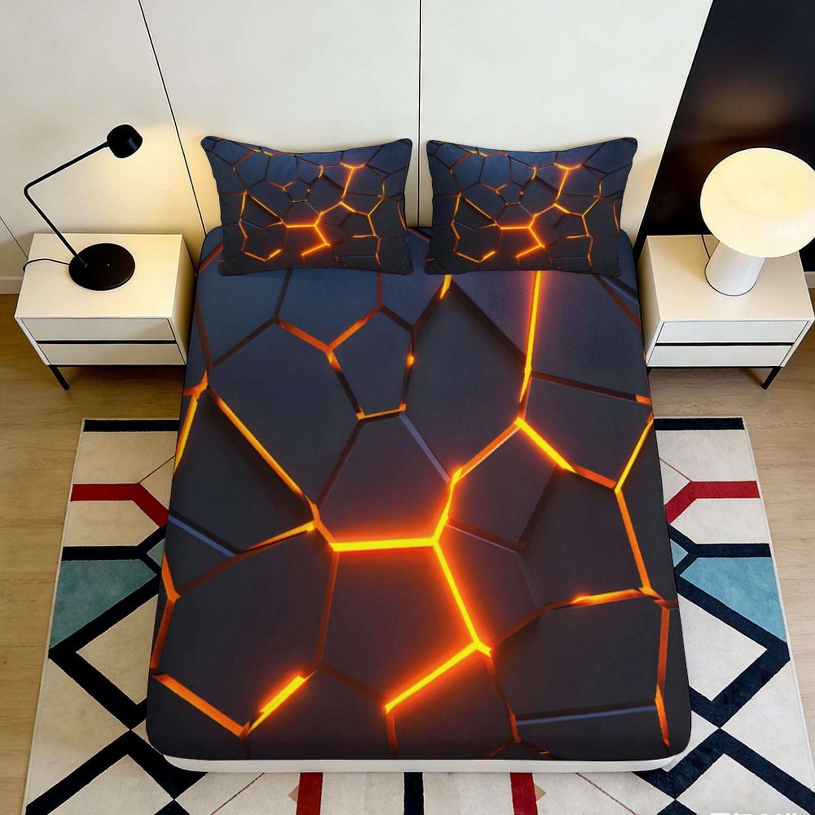 3D Printed Lava Crack Fitted Sheet Microfiber Soft Breathable Magma Pattern Bed Cover for Bedroom Dorm Decor 90x200x25cm