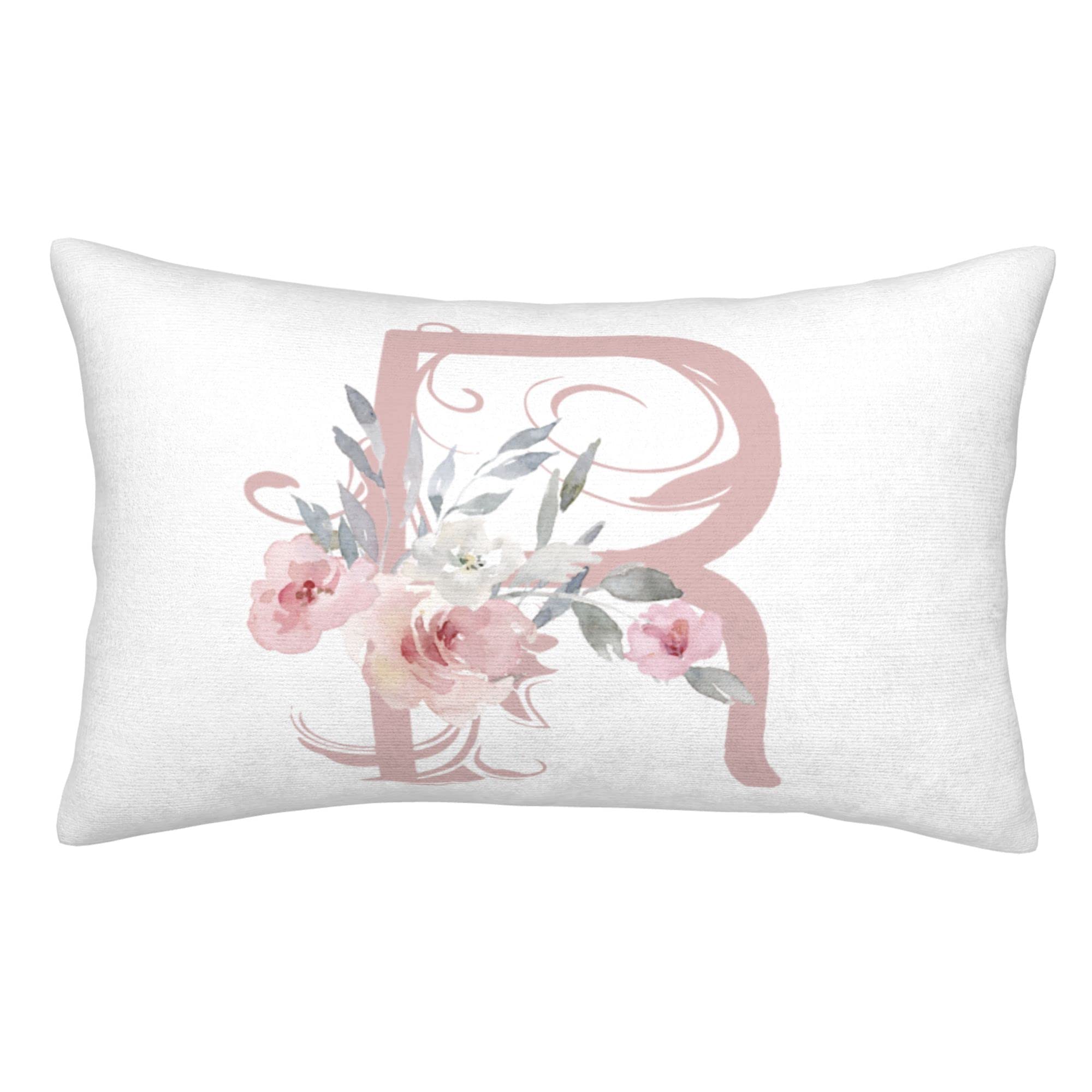 Alphabet R Throw Pillow Covers, 14" X 20" Pink Floral Monogrammed Pillow Cases - Letter R Pillow Covers - Initial Pillow Cover - Rectangle Cushion