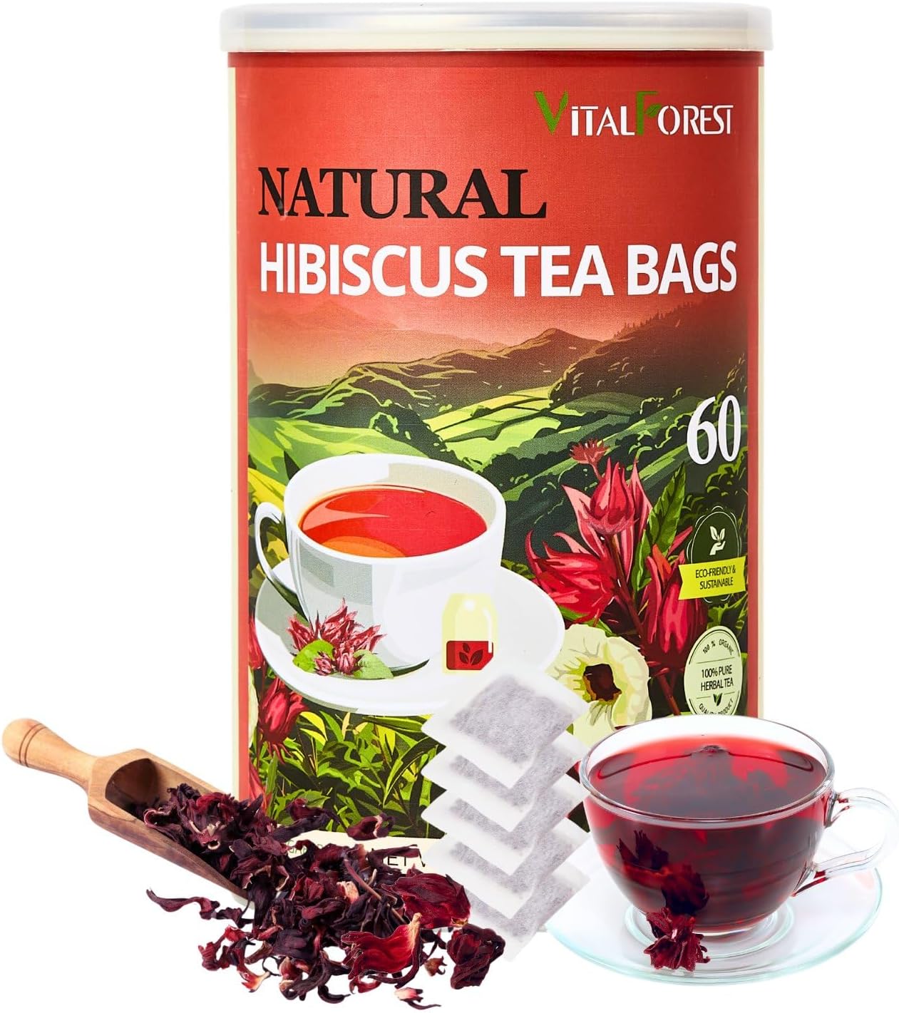 60 Hibiscus Flower Tea Bags, 2g/Bags, VitalForest Hibiscus Tea Roselle Tea, Natural Flor de Jamaica Flower, Caffeine Free, Non-GMO, Unbleached Bags, Canister Packaged