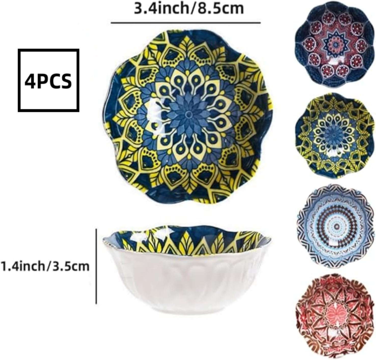 4PCS Porcelain Tapas Dishes, Small Ceramic Dipping Bowls Set for Sushi, Snack, Soy Sauce, 70ml Capacity, Bohemian Style (colorfu)