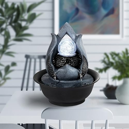 Miniatura 3 de WICHEMI Fuente de agua para interiores con bola rodante LED, fuente de cascada de escritorio de meditación zen Feng Shui, fuente de cascada de agua