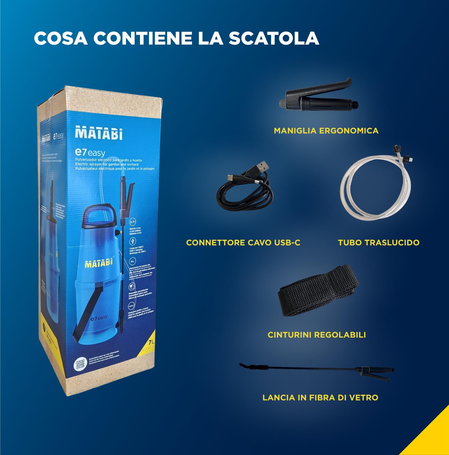 Matabi e7Easy Pompa Irroratrice Batteria 5L - USB-C - Autonomia fino a 2L | Pompa a batteria con tubo 1,3 m - LED, tasto ON/OFF - per terrazzo, giardino e orto - portatile e leggera