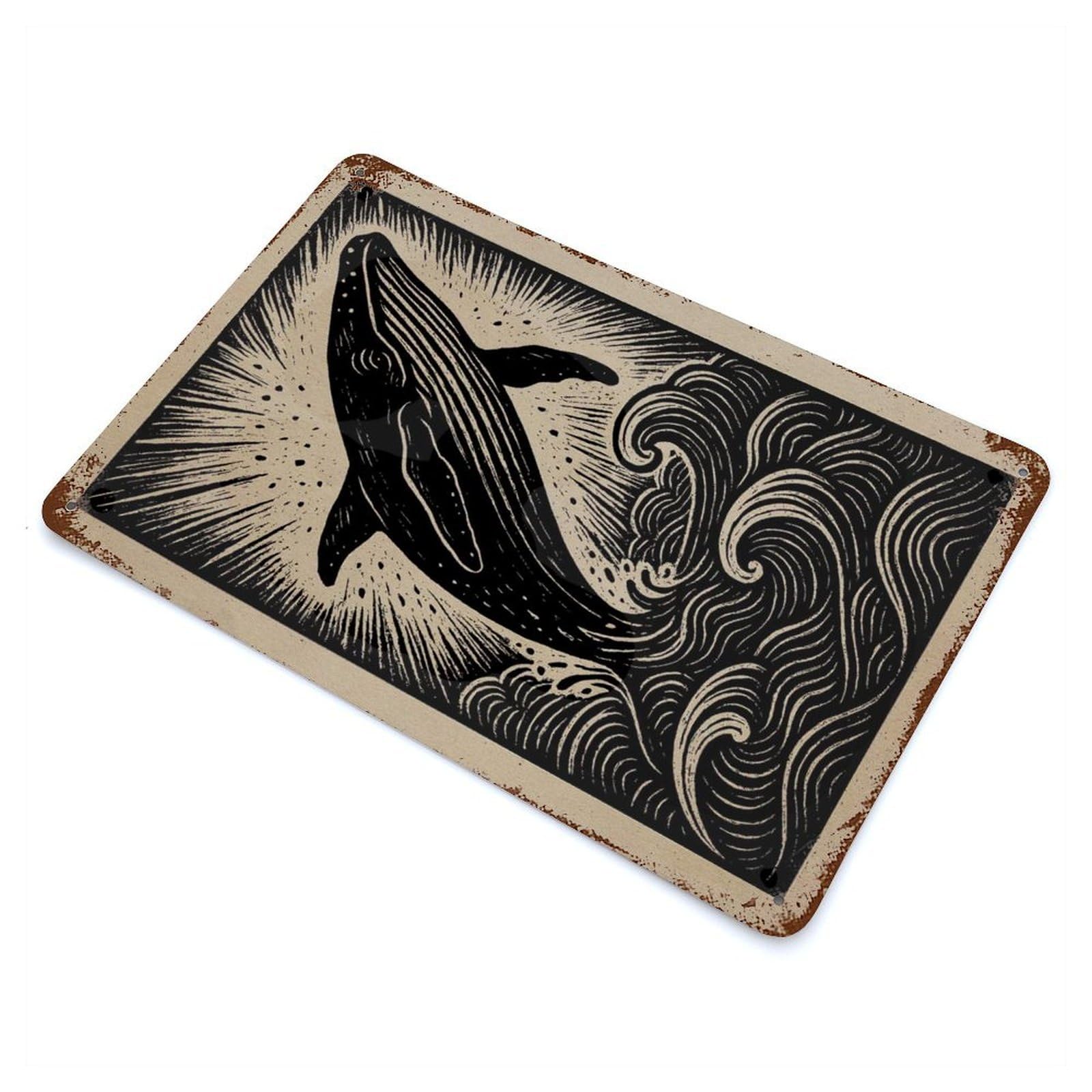 Whale Breaching Woodcut Style Decorative Tin Sign 11.8"x7.9", Retro Wall Decor for Basement, Hobby Room And Garage Decor