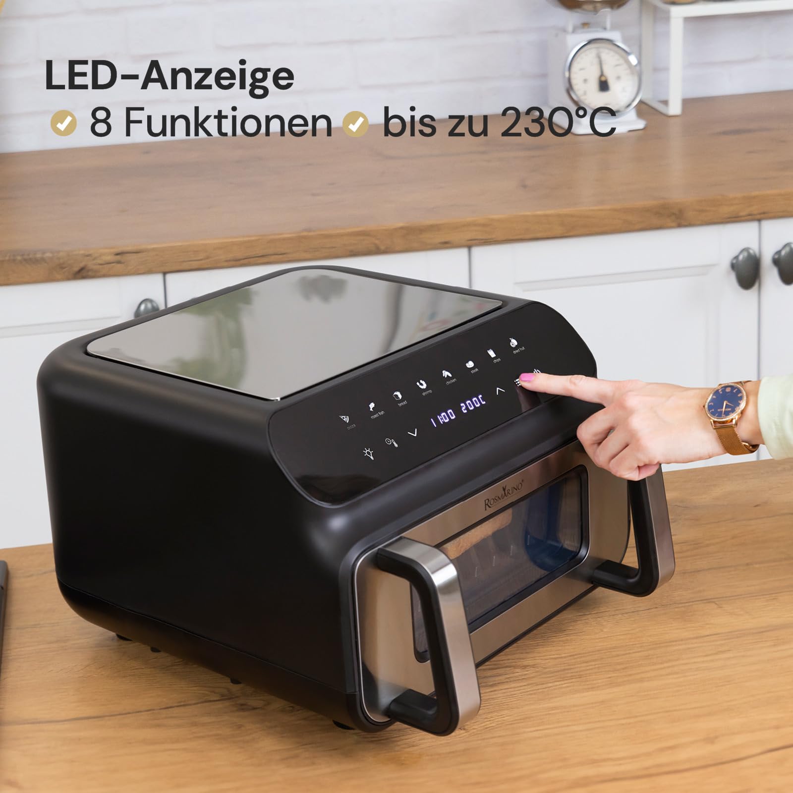 Rosmarino Infinity MasterPro Heißluftfritteuse Airfryer 10L - Multifunktion 5-in-1: Heißluftfritteuse, Elektrogrill, Backofen, Dehydrator, Mikrowelle | Große Familiengröße | Energiesparend