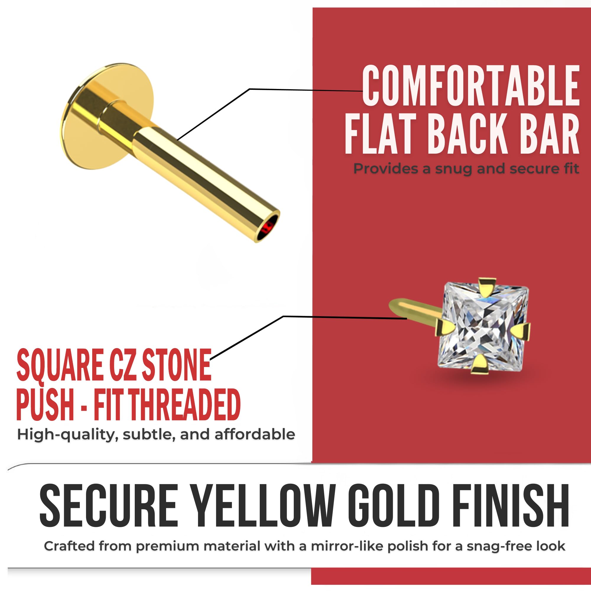 K 9 Solido Giallo Oro Artiglio Set Piazza CZ Pietra Interno filettato Bar Top 16 Gauge Hollow Labbro Labret Trago Piercing Gioielli
