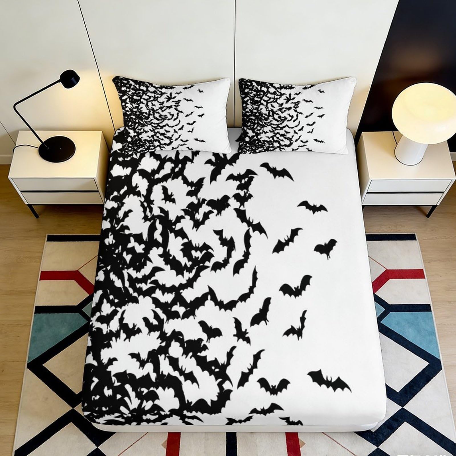 Pnayamiorkfel Style-1 3D Printed Black Bats Fitted Sheet Microfiber Soft Breathable Halloween Bat Pattern Bed Cover For Bedroom Guest Room 90X200x25cm