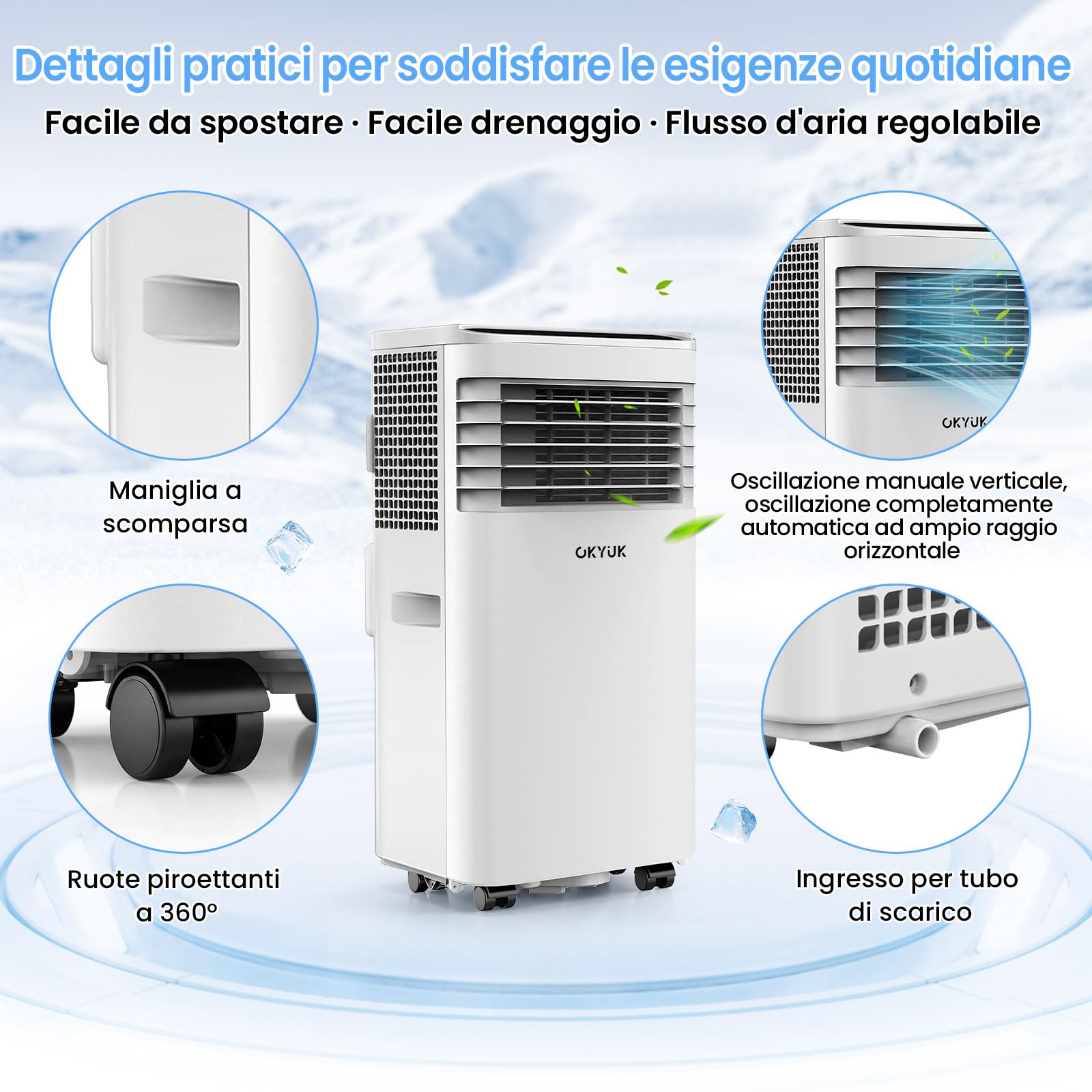 Climatiseur Mobile 7000 BTU avec tuyau d'évacuation | Climatiseur portable 4 en 1 | Fonctionnement silencieux | Kit d'installation fenêtre | Minuterie 24 heures | Pour pièces jusqu'à 25 m²