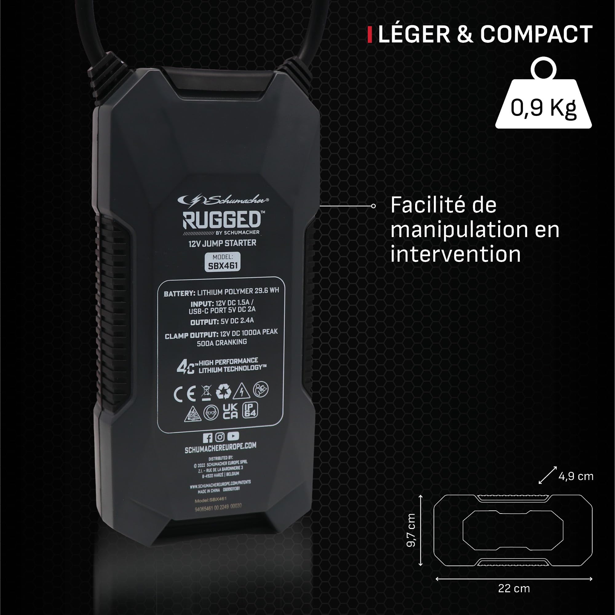Schumacher Electric SBX462 Booster Batterie Voiture 1500A 12V | Démarreur Lithium Sécurisé, Pinces Intégrées, Essence 7L / Diesel 5L, Chargeur USB, Lampe LED, Override et Pre-Boost