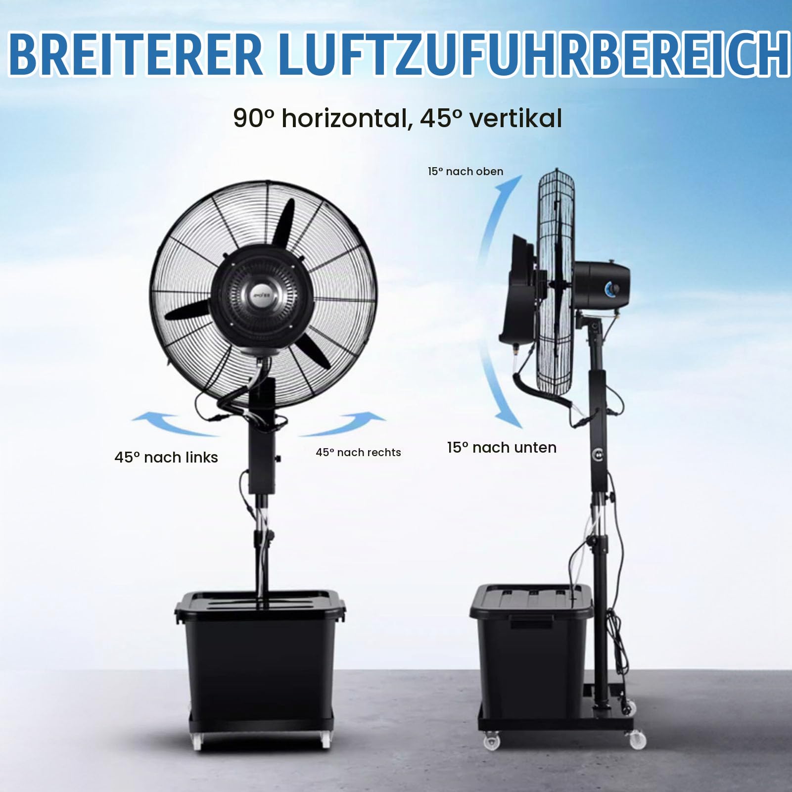 Mobiler Nebelventilator auf Rollen mit 42L Tank, Oszillierender Industrieller Standventilator, 3 WäHlbare Geschwindigkeiten, für Terrassen, GeschäFte und Garagen