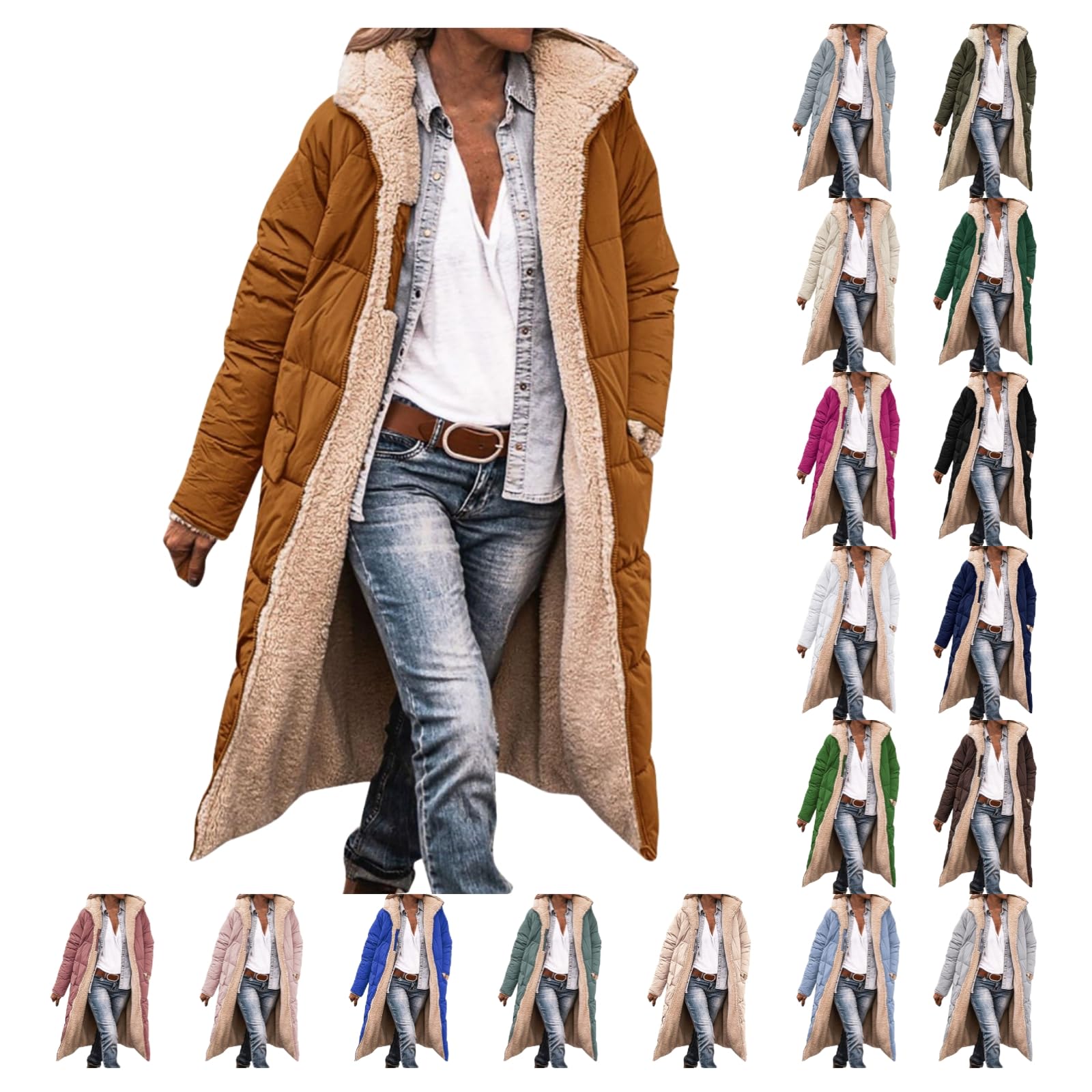 Abrigo largo de invierno para mujer con capucha, abrigo reversible con forro de peluche y abrigo acolchado lateral, abrigo de felpa cálido, chaqueta de entretiempo forrada para otoño e