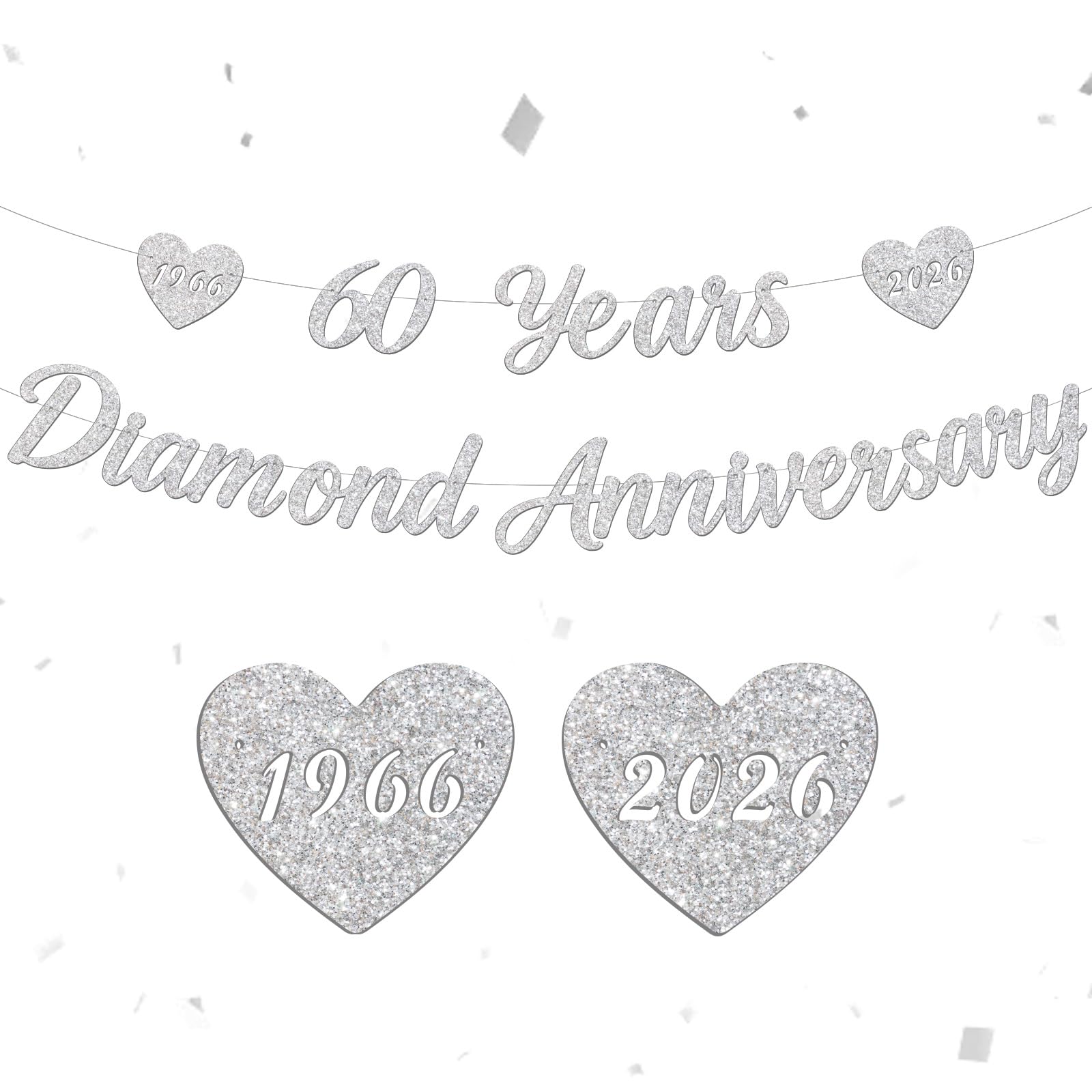 Comooka Silver 60Th Diamond Wedding Anniversary Banner Decorations Glitter 1966-2026