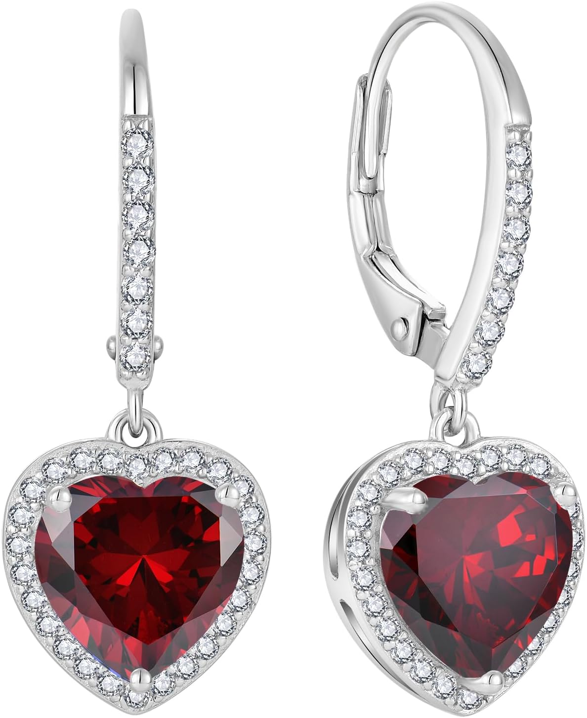 FJ Heart Dangle Drop Earrings 925 Sterling Silver Halo Leverback Earrings Birthstone Jewelry for Women