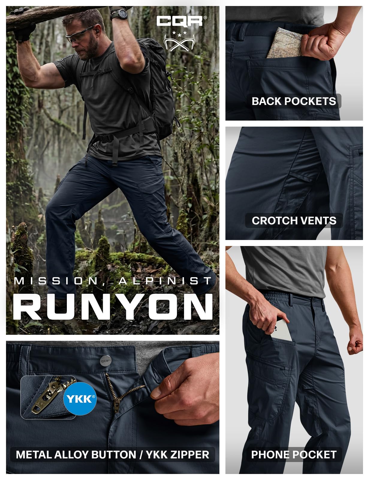 CQR Men's Quick Dry Tactical Pants, Water Resistant Outdoor Pants, Lightweight Stretch Cargo Work Hiking Pants — view 8