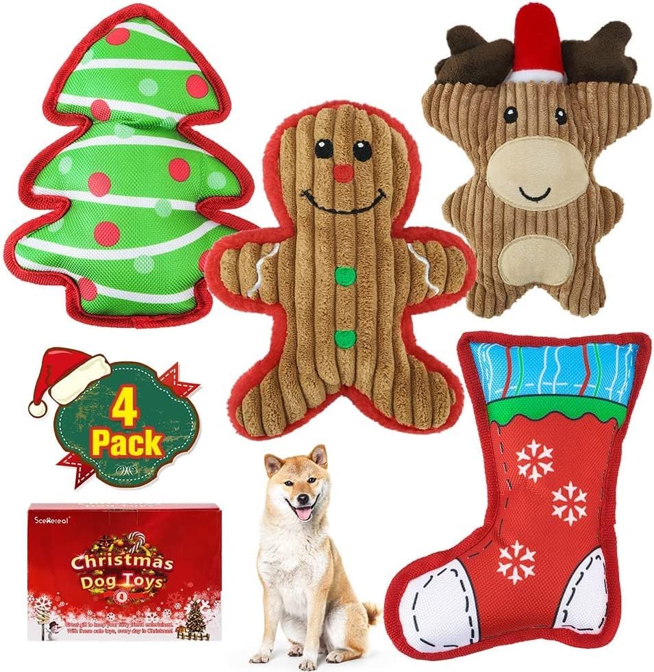 SCENEREAL Christmas Squeaky Dog Plush Toys - 4 Packs Puppy Chew Toys, Soft Cute Xmas Pet Gifts for Puppies Small Dogs