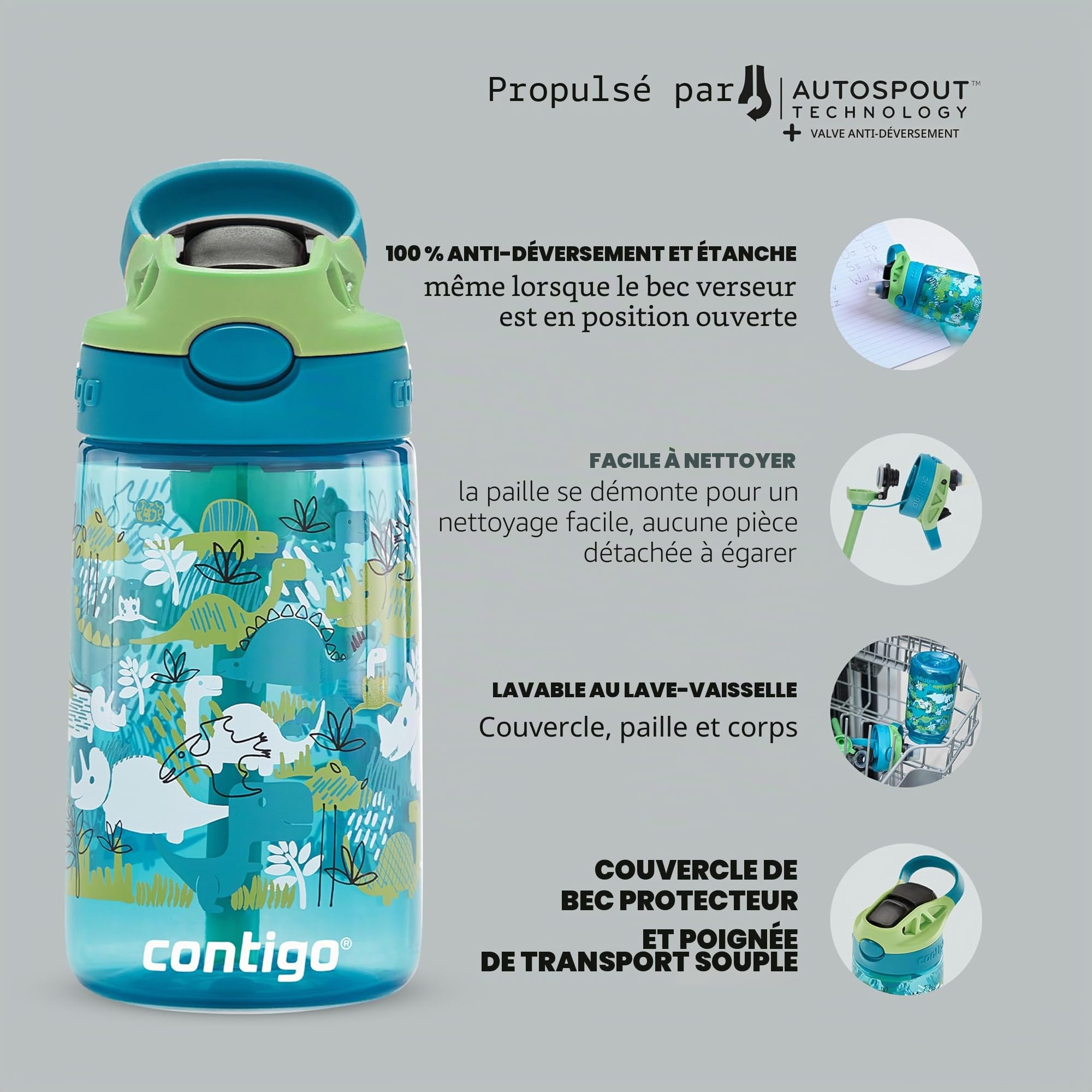 Contigo Easy Clean Bouteille thermos pour enfants avec paille, bouteille d’eau en acier inoxydable sans BPA, 100 % étanche, nettoyage facile, idéale pour crèches, maternelles, écoles et sport, 380 ml