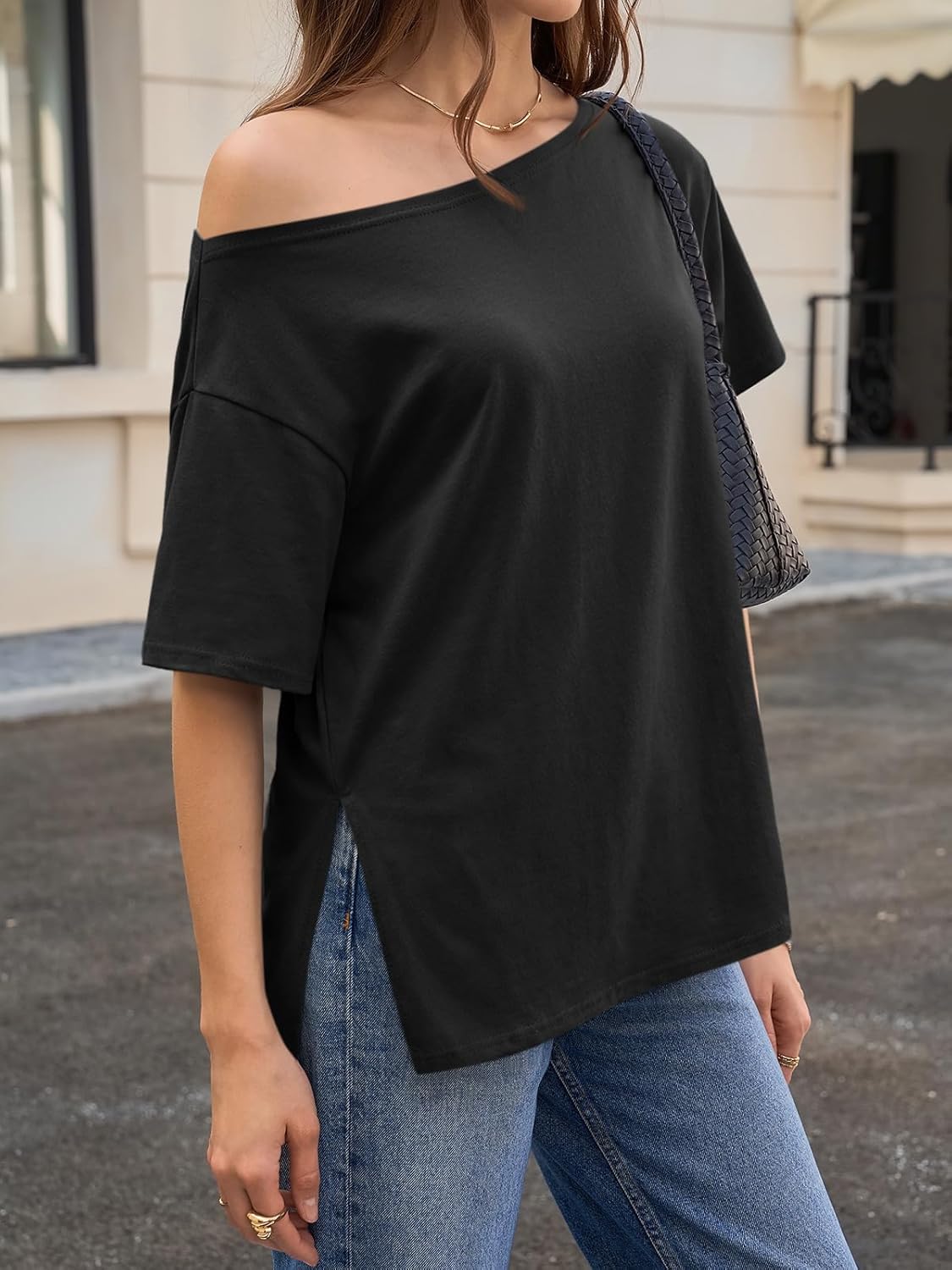 Cicy Bell Womens Oversized T-Shirts Short Sleeve Summer Casual One Shoulder Tops Side Split Loose Fit Tees - Image 2