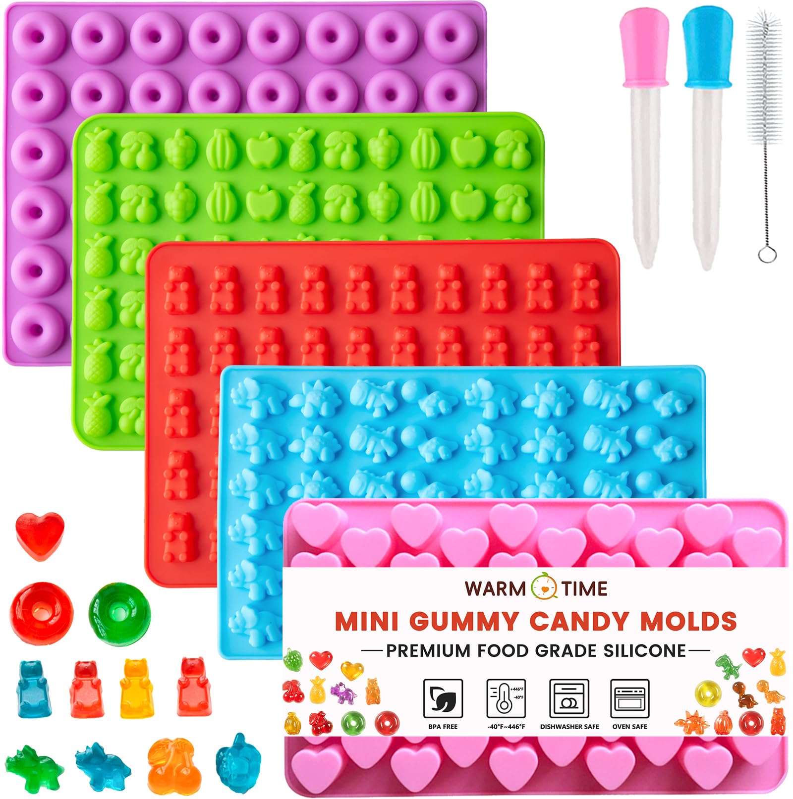 Gummy Bear Candy Molds, Mini Silicone Molds, 5-Pack with 2 Droppers &amp; Brush | Food-Grade, BPA-Free &amp; Non-Stick, Featuring Heart, Dinosaur, Bear, Donut &amp; Fruit Shapes for Gummies, Candy &amp; Fruit Snacks
