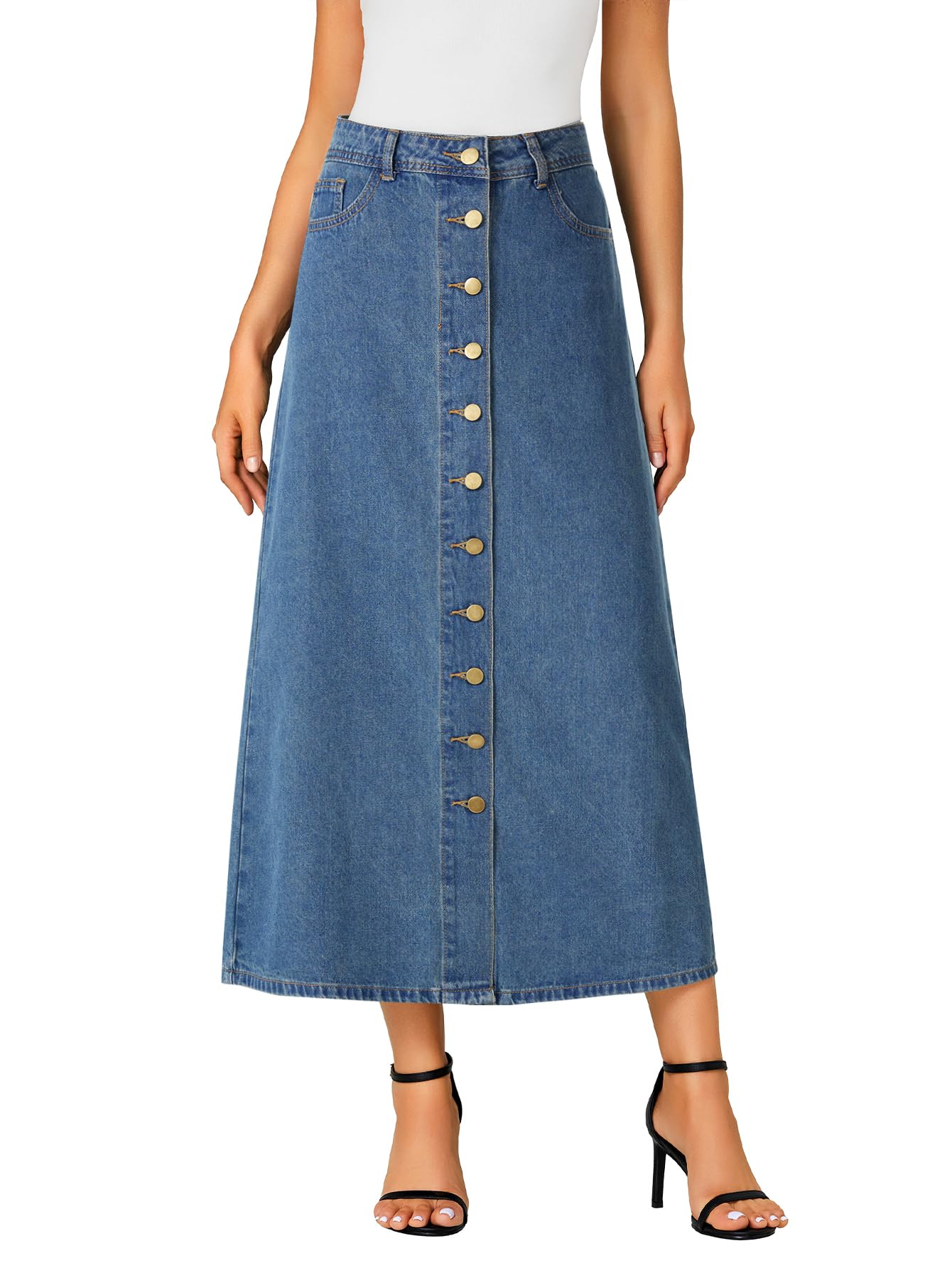 Women's Casual Button Down High Waisted A Line Jean Midi Long Denim Skirt with Pockets