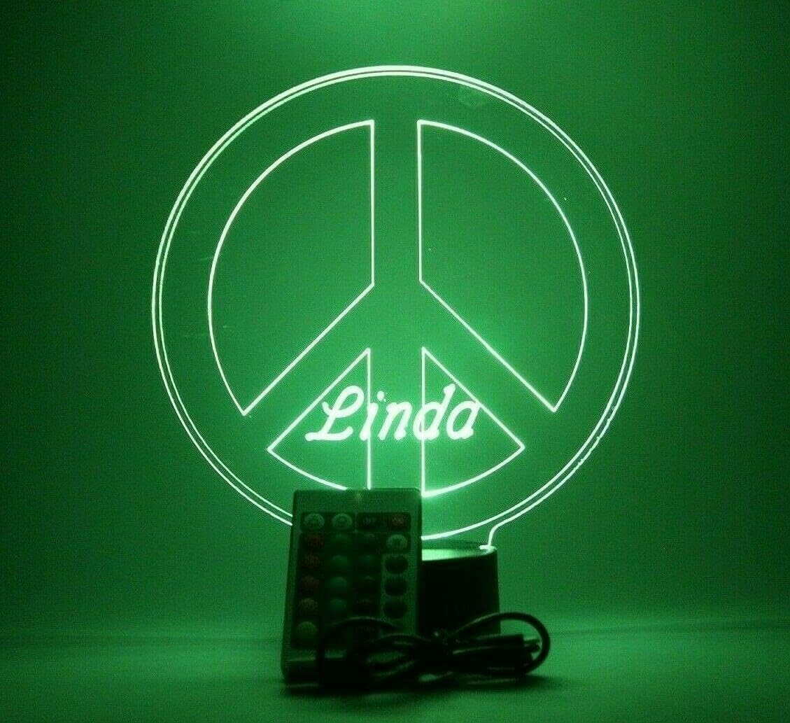 MIRROR MANIA Tranquility Serenity Harmony Peace Sign Light Up Table Desk Lamp LED Personalized Peace & Love Stand - It's Wow, 16 Color Options with Remote, Dimmer, Free Engraved, Great Gift
