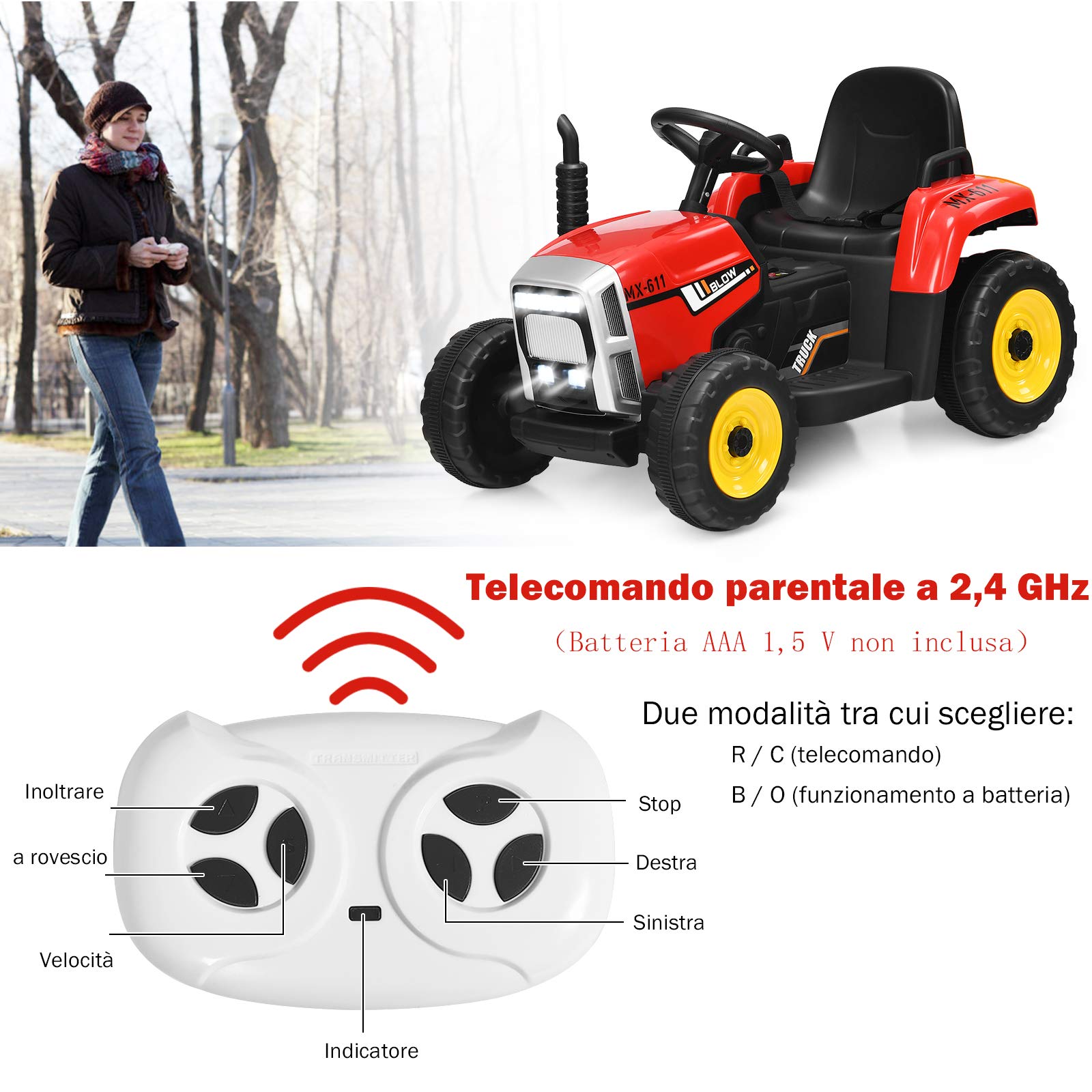 COSTWAY Trattore con Rimorchio Cavalcabile per Bambini 12V, Trattore Elettrico Telecomandato, con Luci e Suoni, 30kg, 3+ Anni (Rosso)