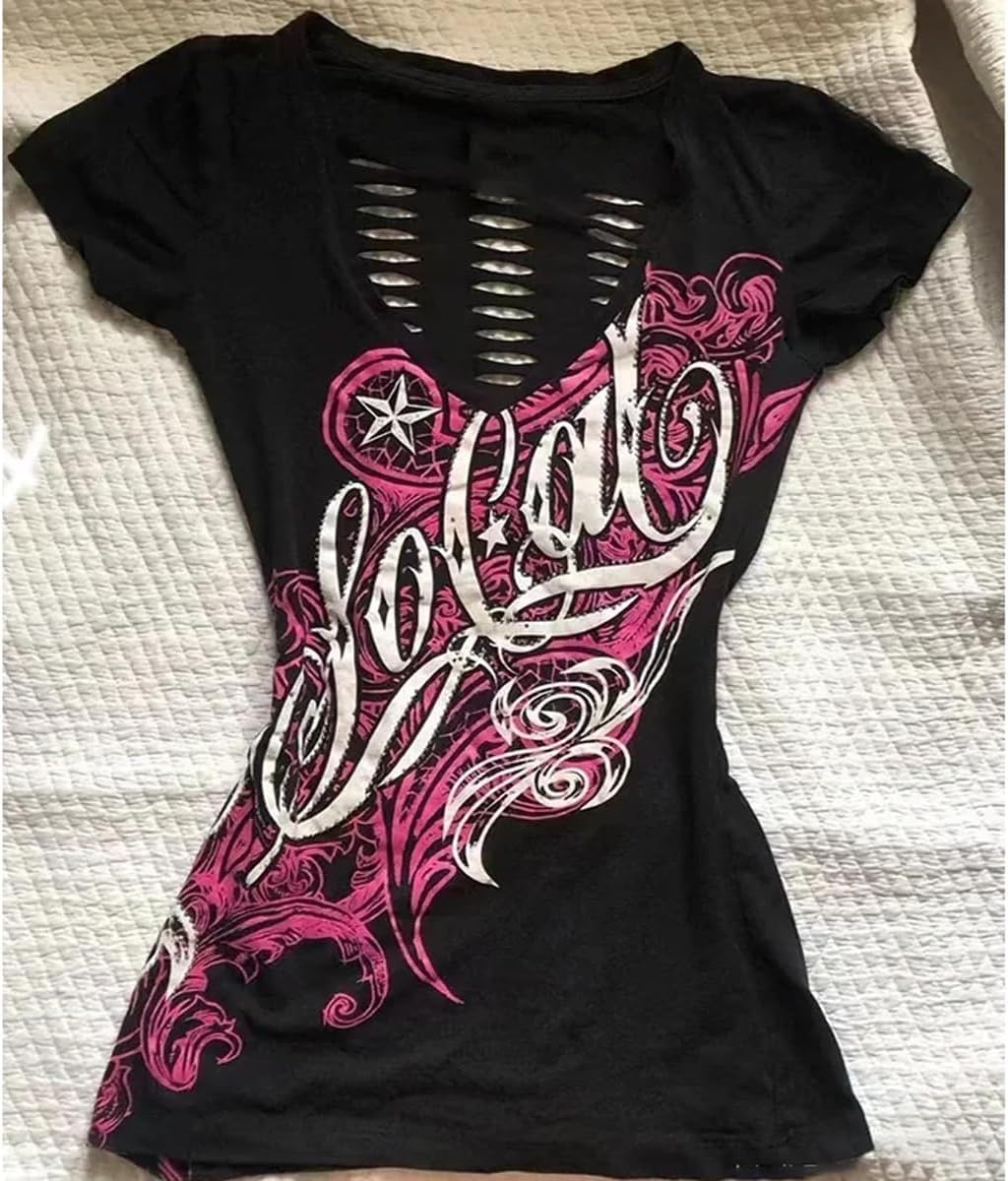 Emo Grunge Top Short Sleeve Y2k Shirts Vintage Streetwear Tops Women 2000s Fashion - Image 2