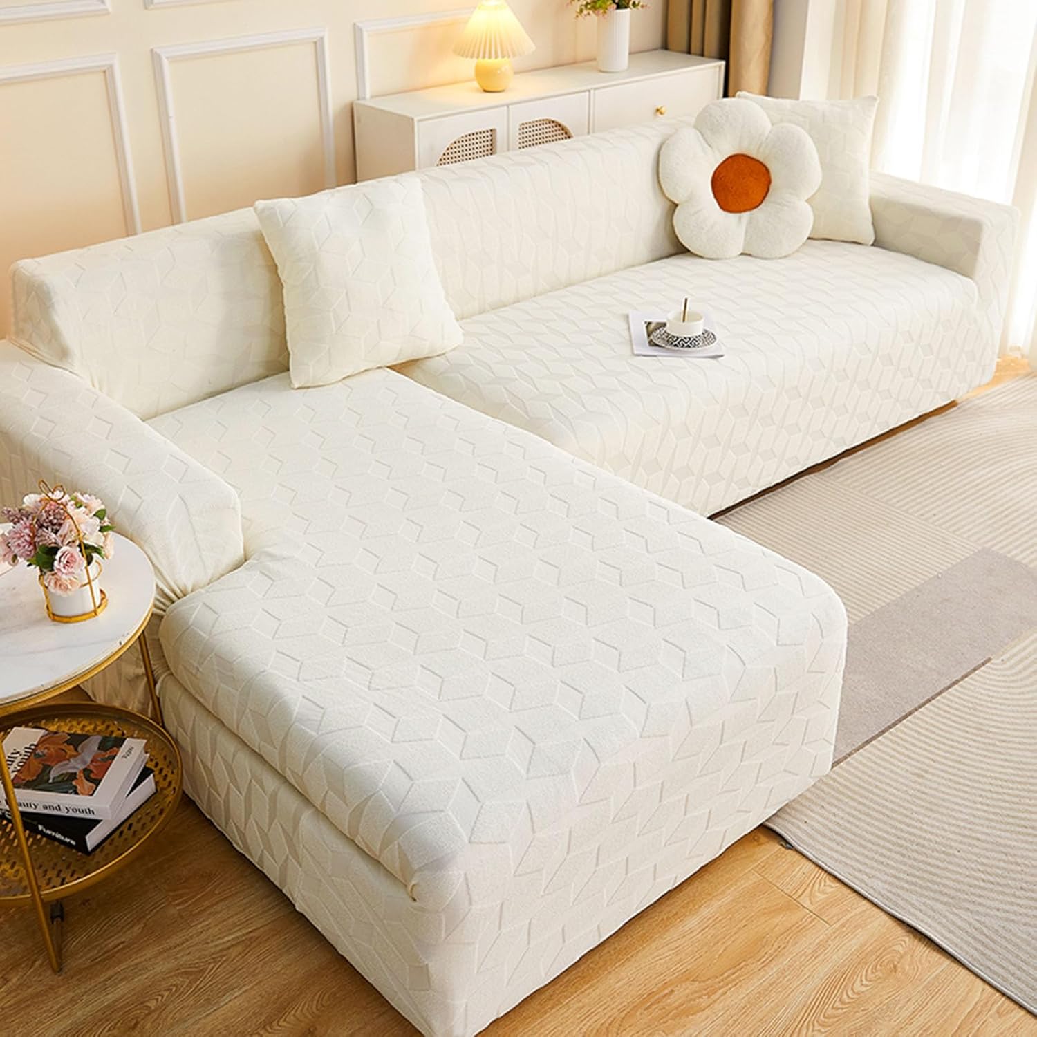 Sofa Cover,Fashion Jacquard Couch Cover L Shape, Corner Sofa Slipcover, L Shaped for 5 6 7 Seater, Sectional Couch Covers for Dogs, Couch Protector,Beige-3+3 Seater