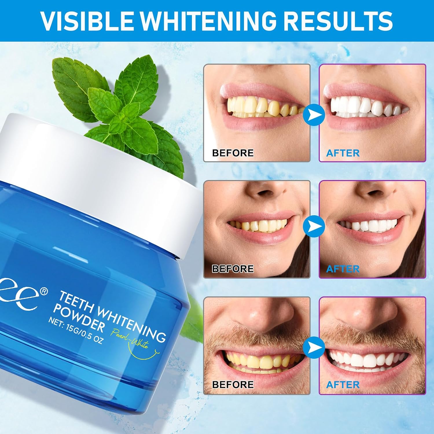 Teeth Whitening Powder with Peppermint – Enamel-Safe Tooth Polish for Whiter Teeth & Fresh Breath – Natural Formula – 15g (0.5 oz)