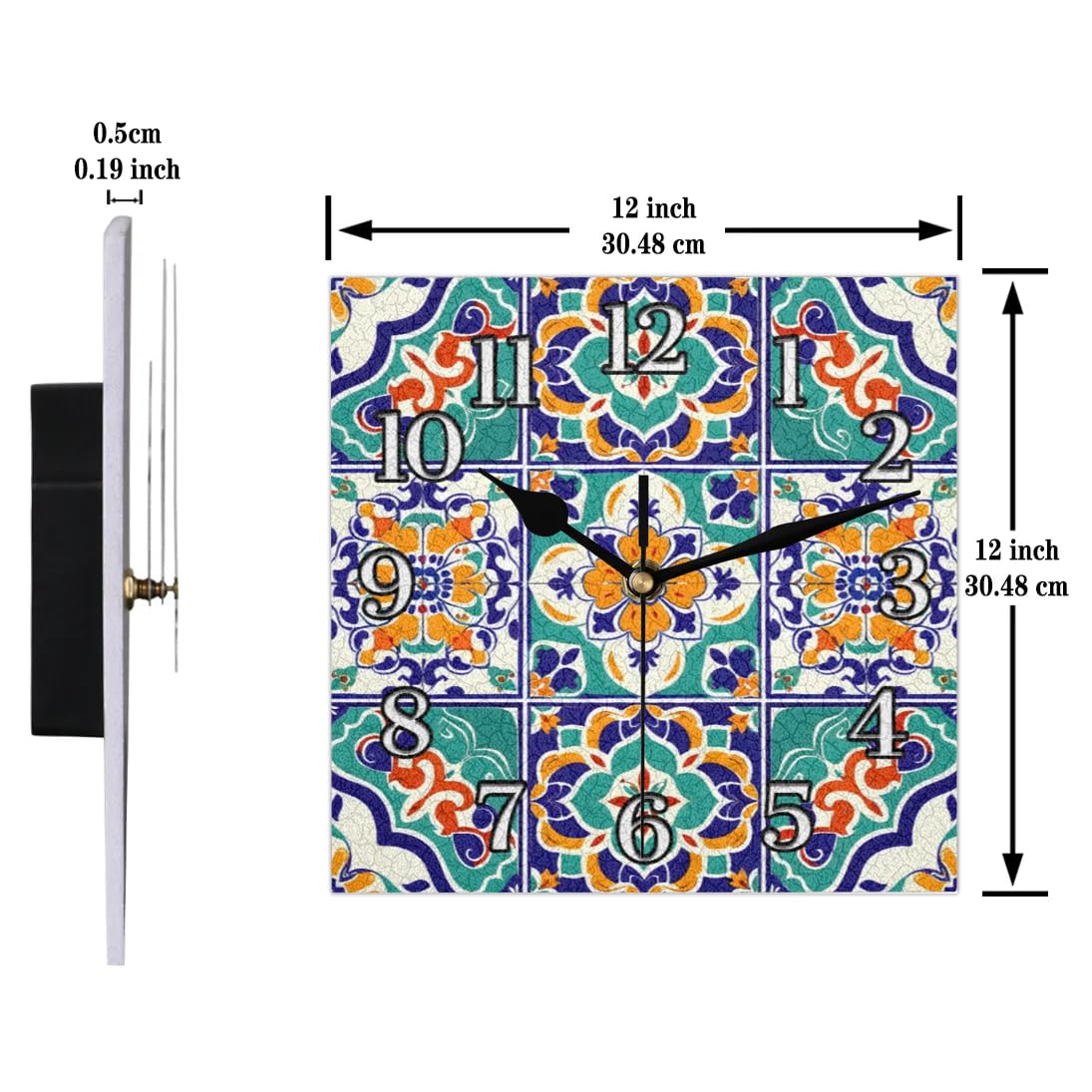 Mintoprints Mexican Wall Clock Mexican Tile 12 Inches Square Clock Silent Non Ticking Battery Operated for Living Room Decor Clock