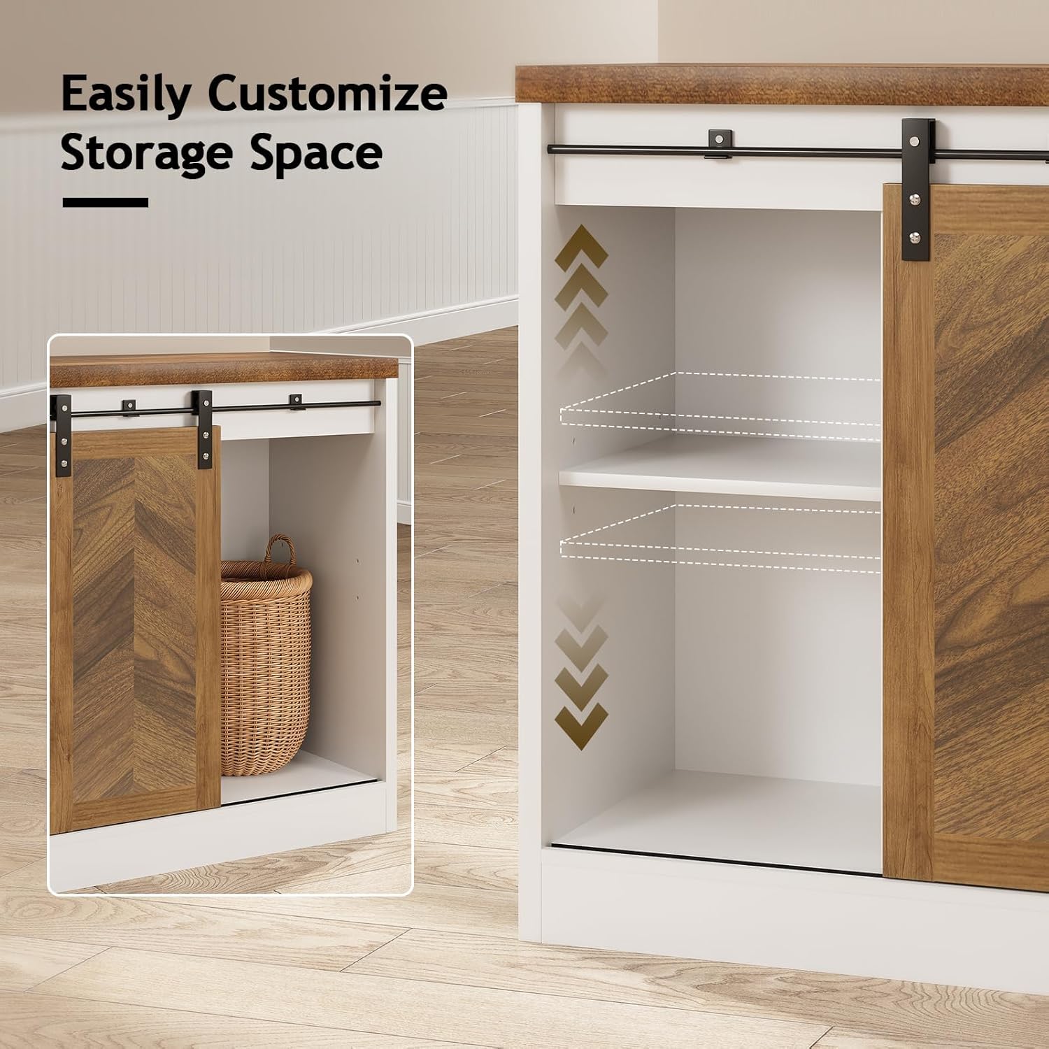 Catrimown Farmhouse Small Coffee Bar Cabinet with Storage, White Coffee Bar Table with Sliding Barn Door, Adjustable Shelves, Bar Cabinet for Kitchen, Dining Living Room, 1 Pack