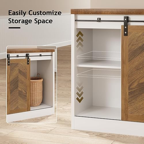 Miniatura 5 de Catrimown Armario de café pequeño de granja con almacenamiento, mesa de café blanca con puerta corrediza de granero, estantes ajustables, armario de