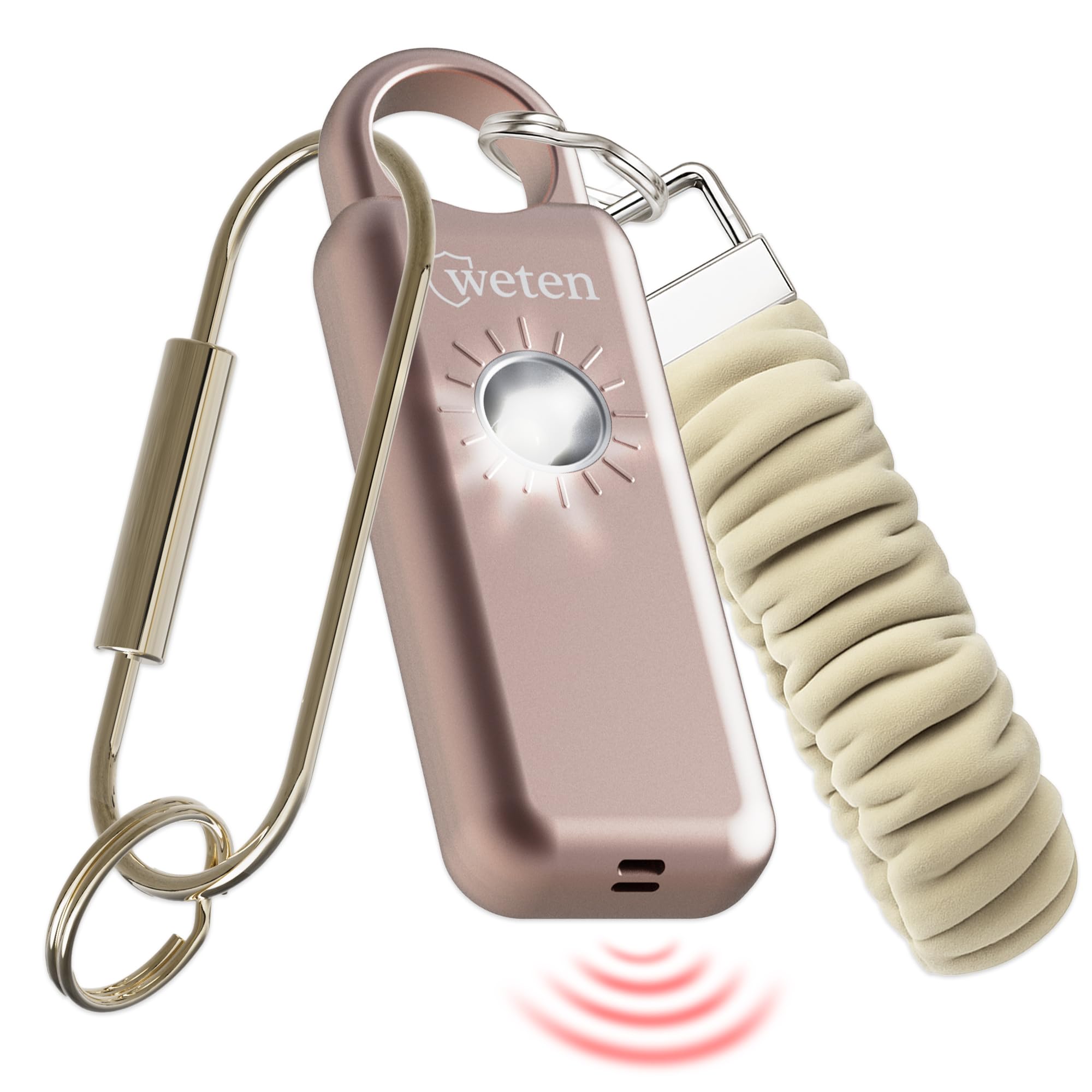 Weten Llavero de alarma de seguridad personal, sirena de 130 dB con altavoz inferior, luz LED, pulsera y clip de mosquetón, alarma de autodefensa resistente a la intemperie con alerta de batería baja