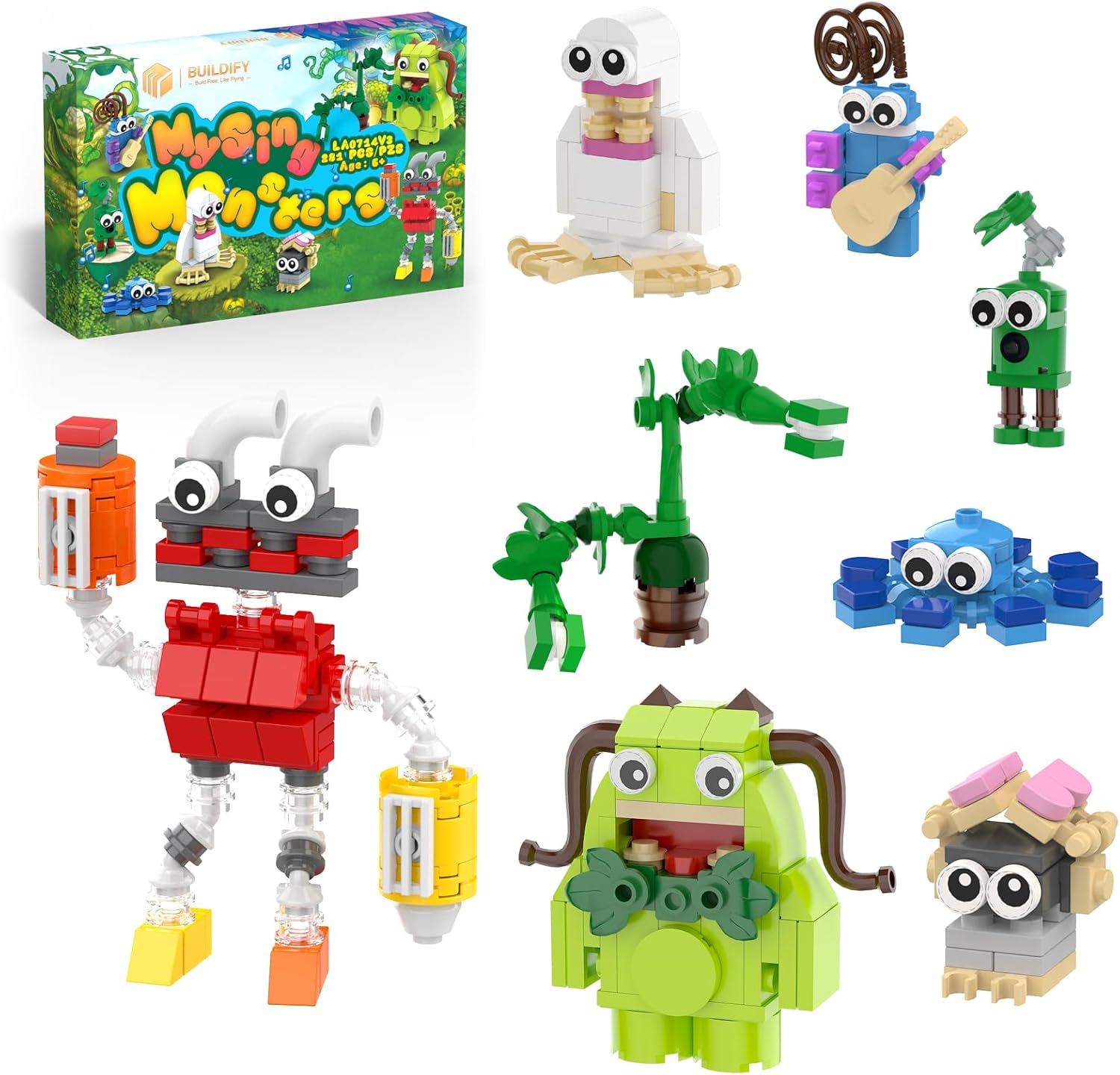 8-in-1 Sing Monsters Toe Jammer, Nogggin,Furcorn,Entbrat,Bowgart,Potbelly,Mammott Building Toy Set for Kids, Boys, Girls 6+ Years Old; Cute Monster Animal Figure Model Toy for Fans Friends (281Pcs)